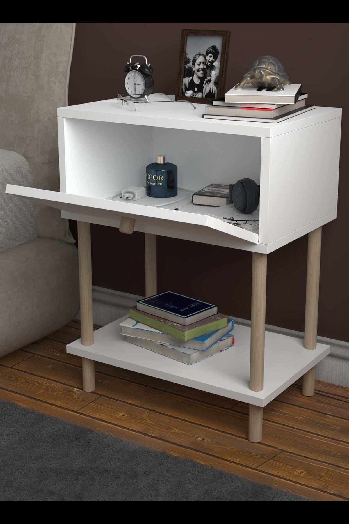 Table de chevet moderne avec couvercle rabattable et étagère, organisateur de chevet pour chambre, table d'appoint sur pieds en bois - Blanc