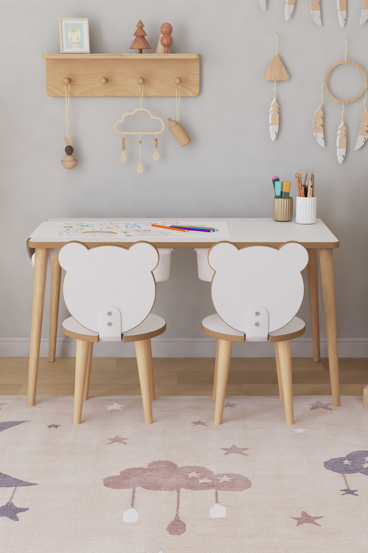 Table d'activité pour enfants avec papier à dessin en rouleau, 2 chaises et tiroir - Panda