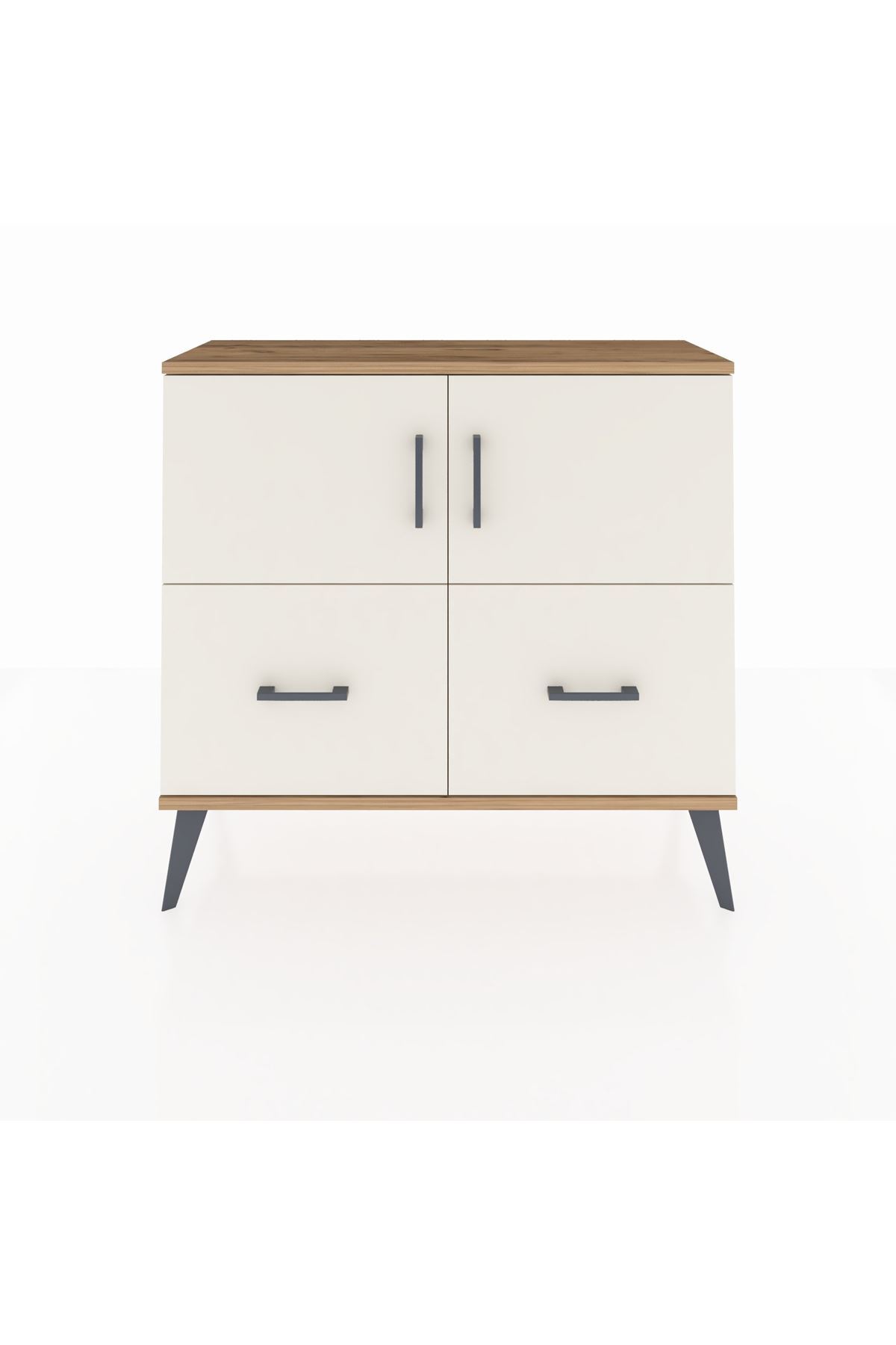 Commode Arges avec 2 étagères, 2 tiroirs et 2 portes, en pin et pierre d'onyx