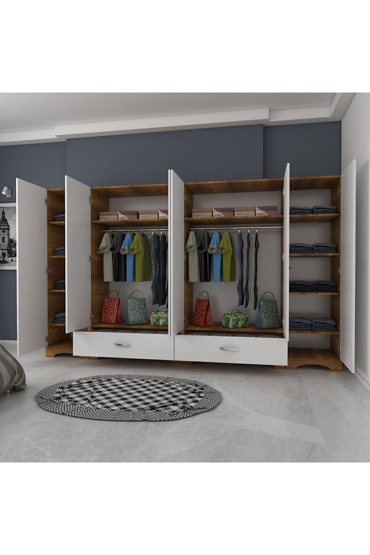 Armoire Rani  à large garde-robe, 6 portes, 2 tiroirs, 2 penderies, module unique, miniature noyer - blanc