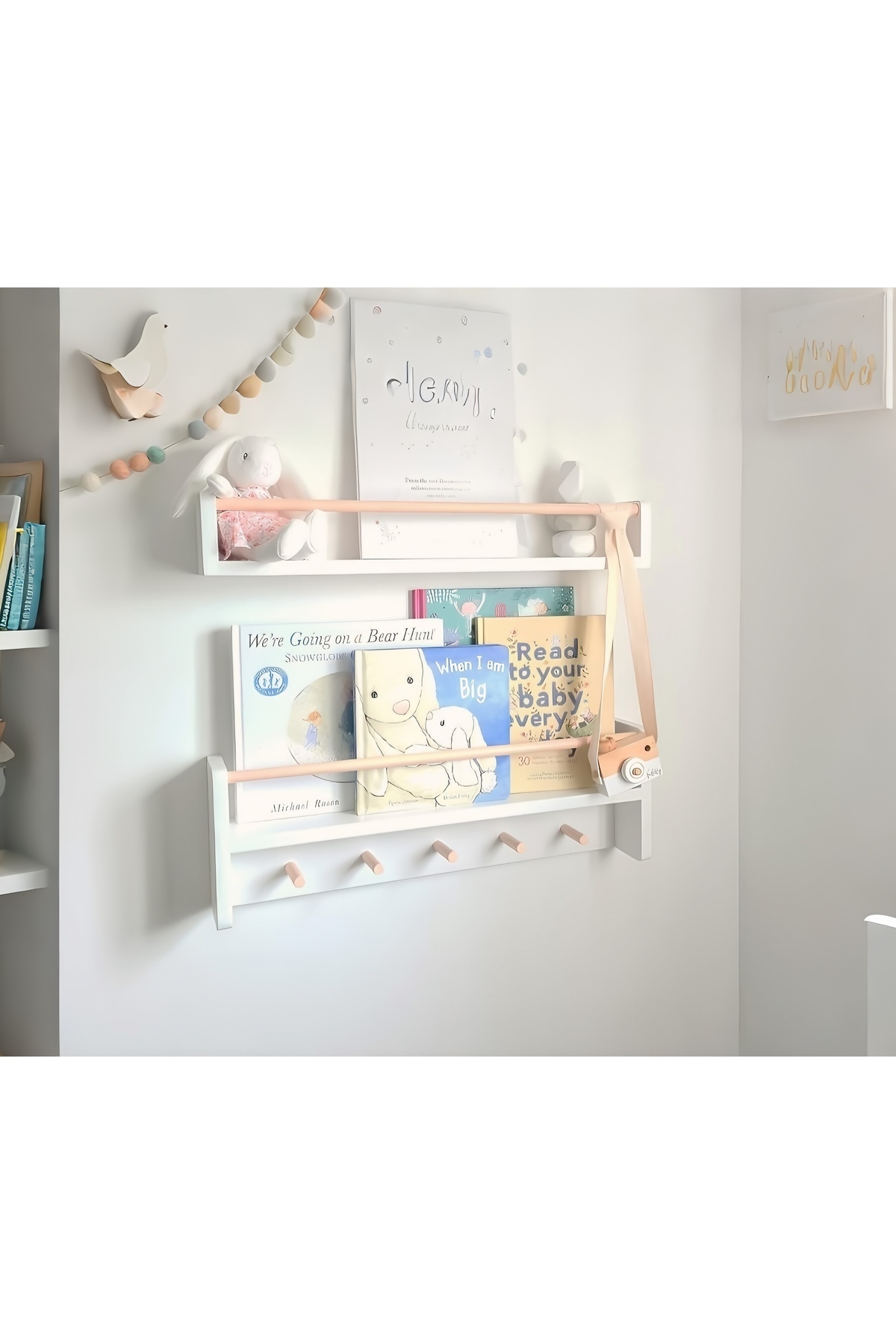 Bibliothèque murale Montessori à 2 étagères avec crochets, MDF blanc