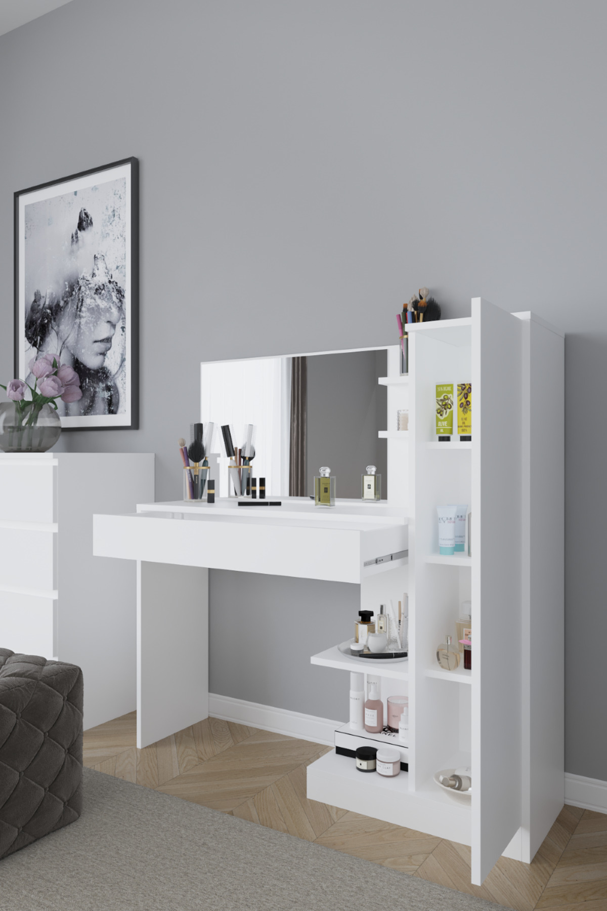 Orkide Makyaj Masası, 1 Çekmeceli, Dolaplı, Aynalı