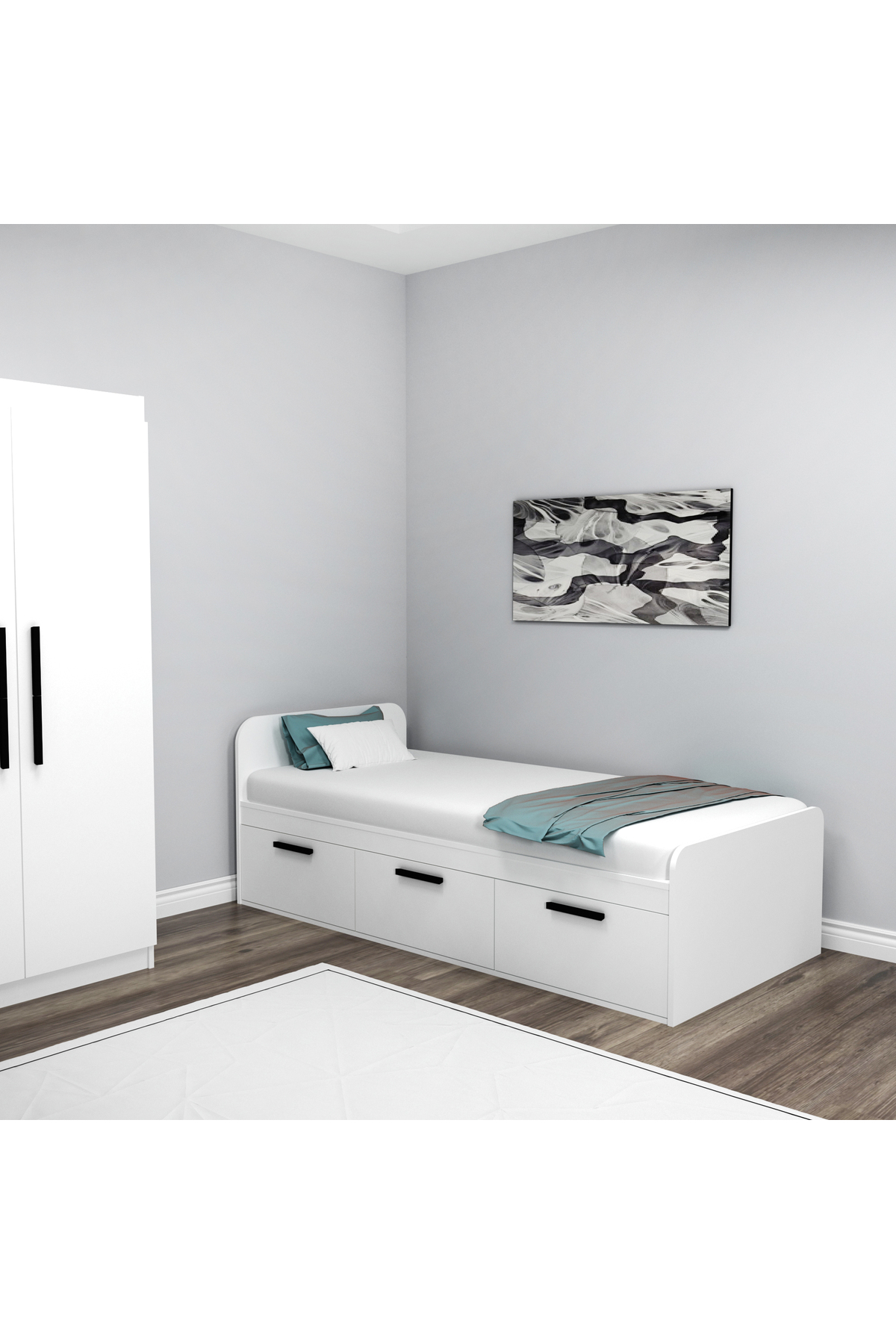 Lit Cadre Akser Blanc – Compatible avec Lit Simple, Lit Pour Jeune Avec Armoire