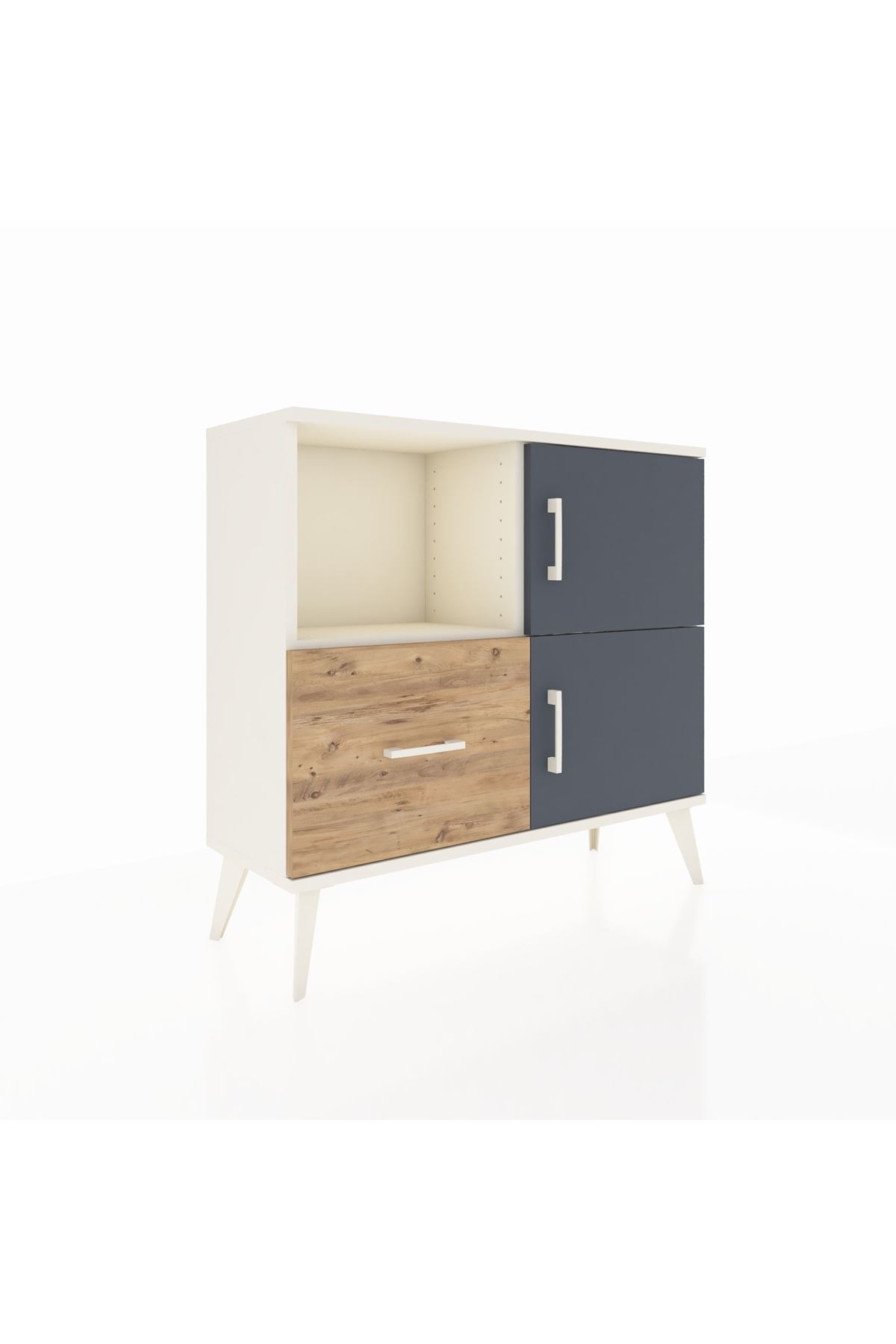 Commode Arges avec 2 étagères, 1 tiroir, 2 portes, couleur Pierre de lune-Anthracite/Pin