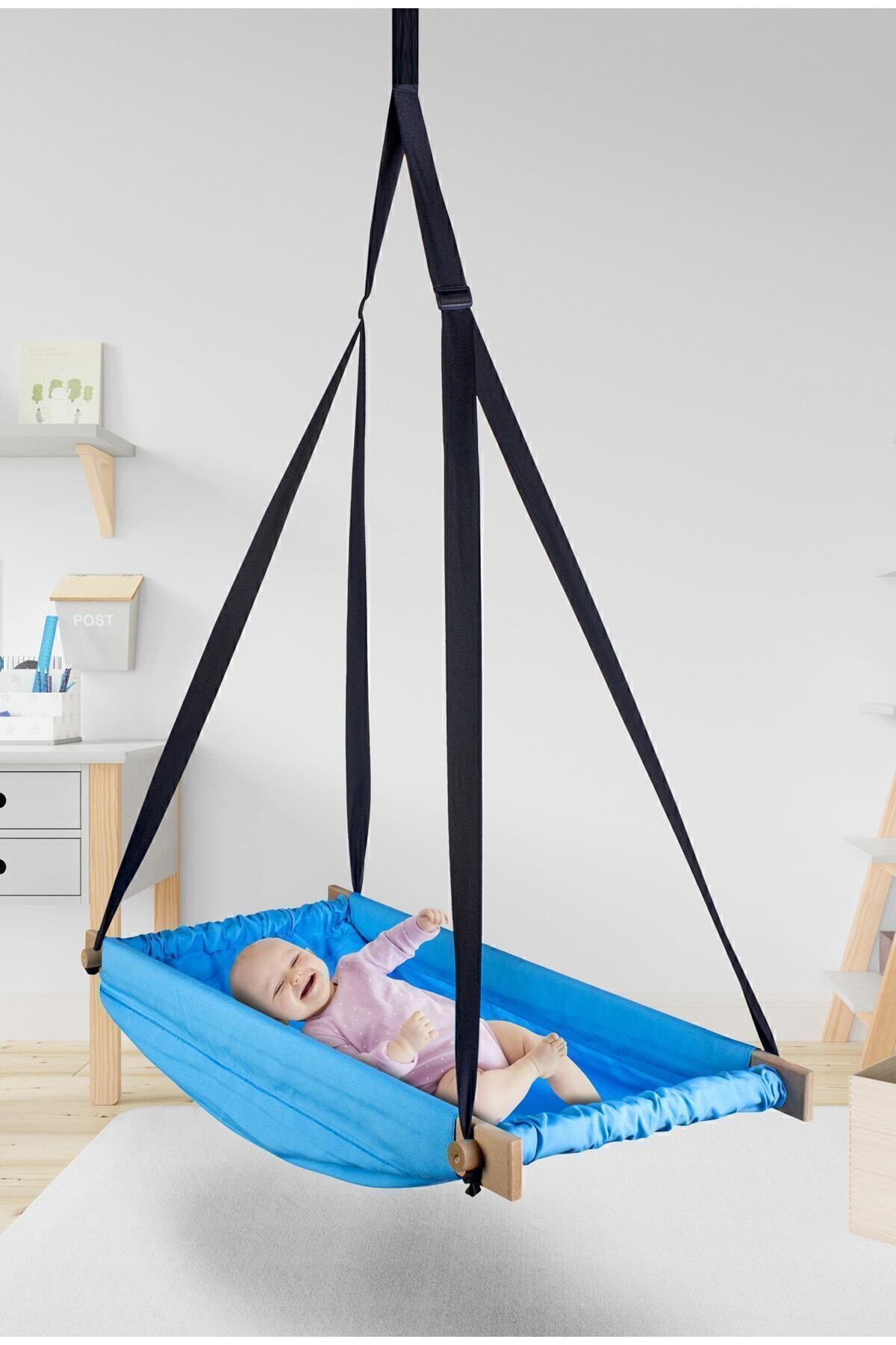 Hamac à ressort en bois bleu Flow Hoppala lit de bébé suspendu au plafond balançoire