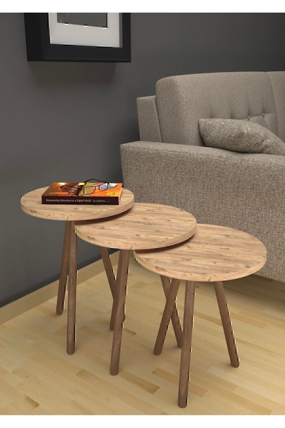 Ensemble de 3 tables gigognes rondes – pieds en bois hobistan, style moderne, table à café et de présentation