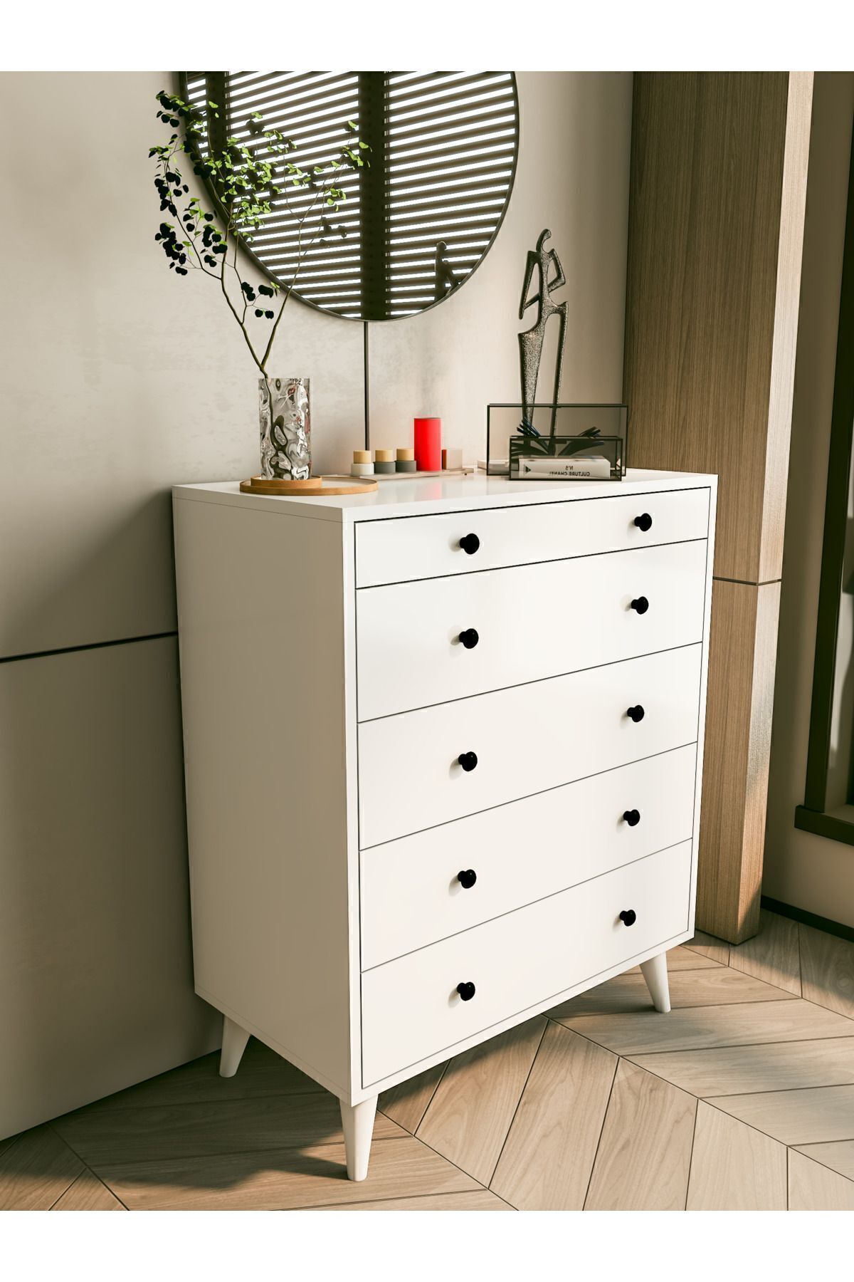 Commode Blanche Brillante 5 Tiroirs Country Commode Chevet en Bois
