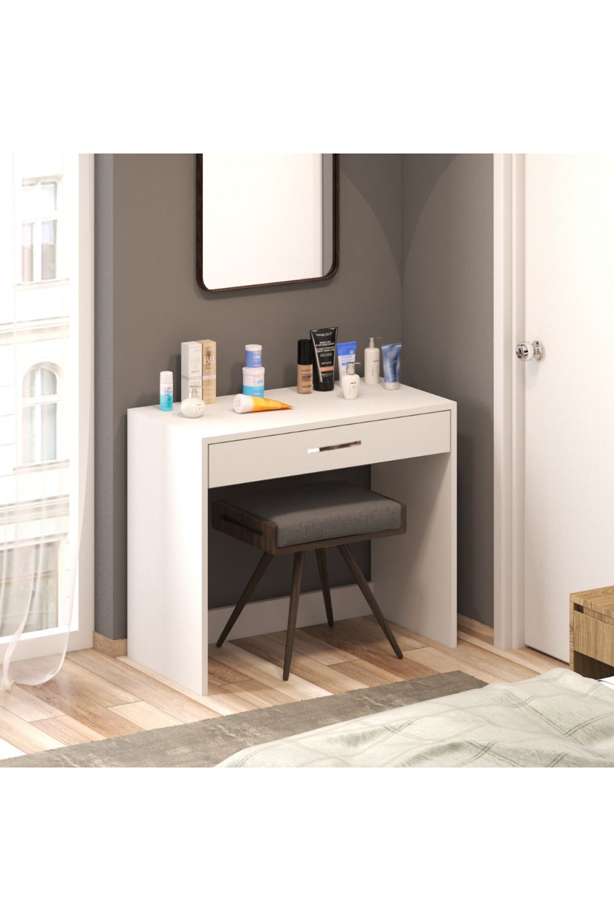 Arya Novella White Makeup Table with Drawers and Compartments (WITH HANDLE)