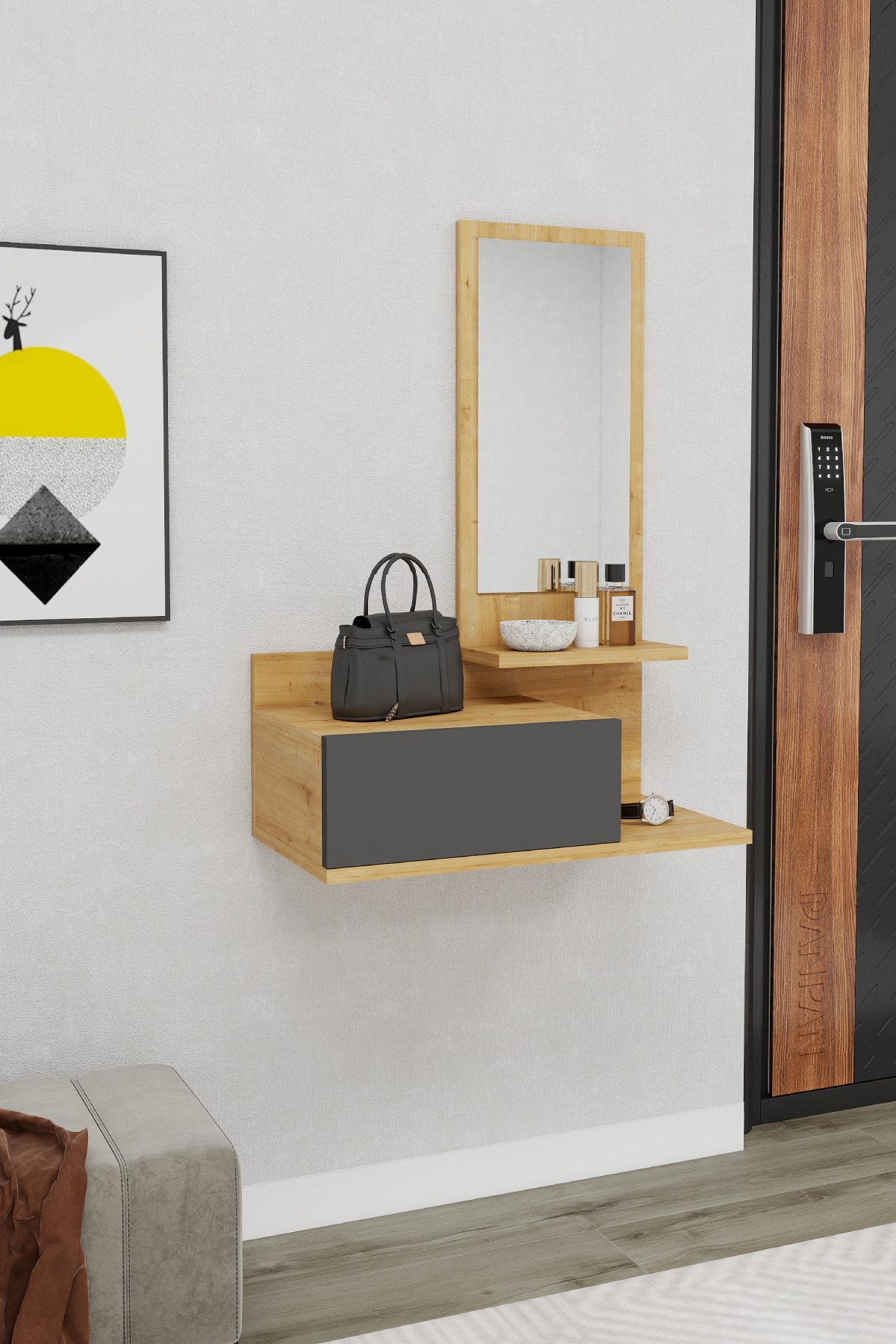 Rozella Wandgemonteerde Dressoir met Lade en Spiegel, Natuurlijk Eiken & Antraciet - Rozella