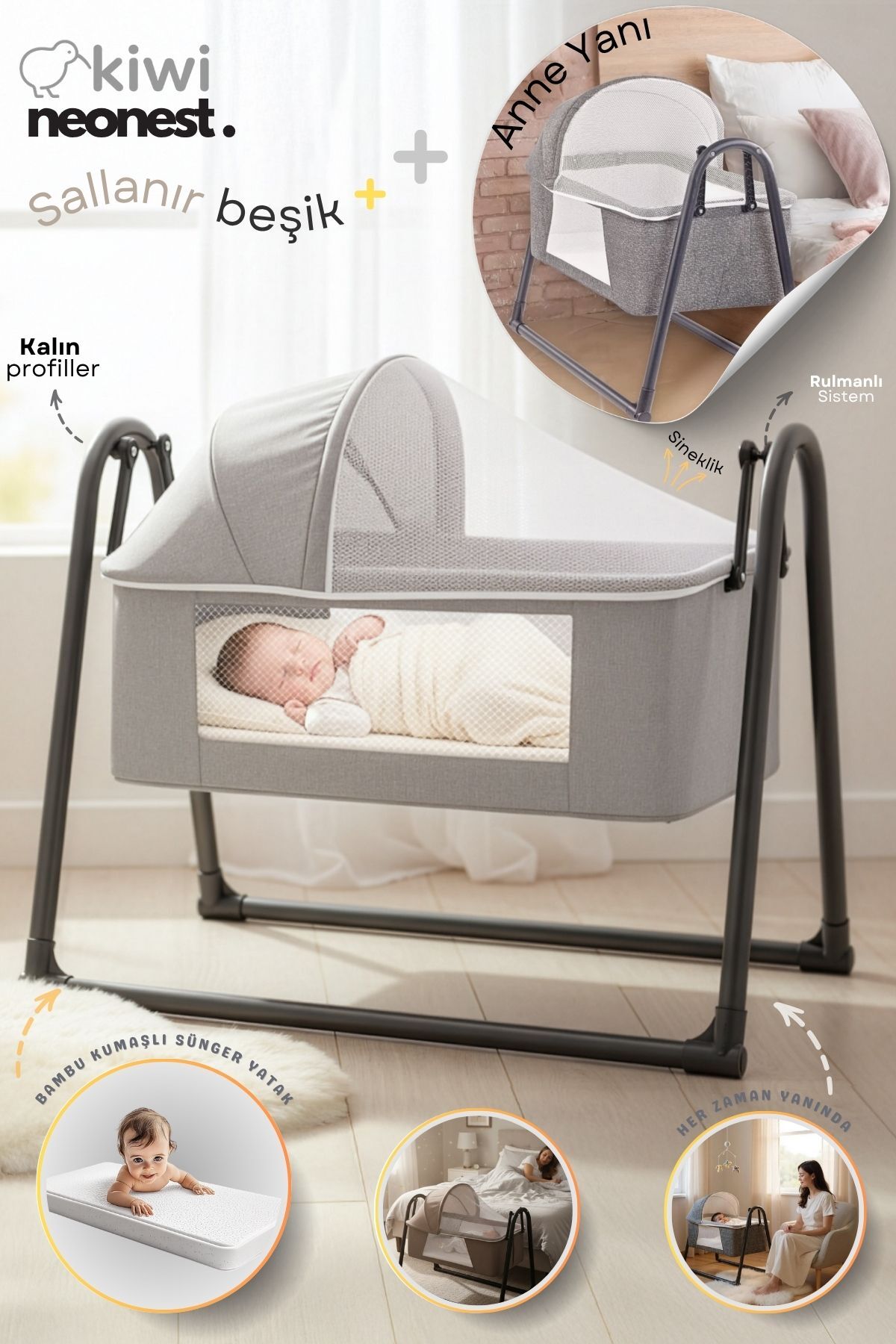 Lettino con mamma appena nato, con rete antizanzare e tenda, a dondolo. Culla portatile nuova color visone