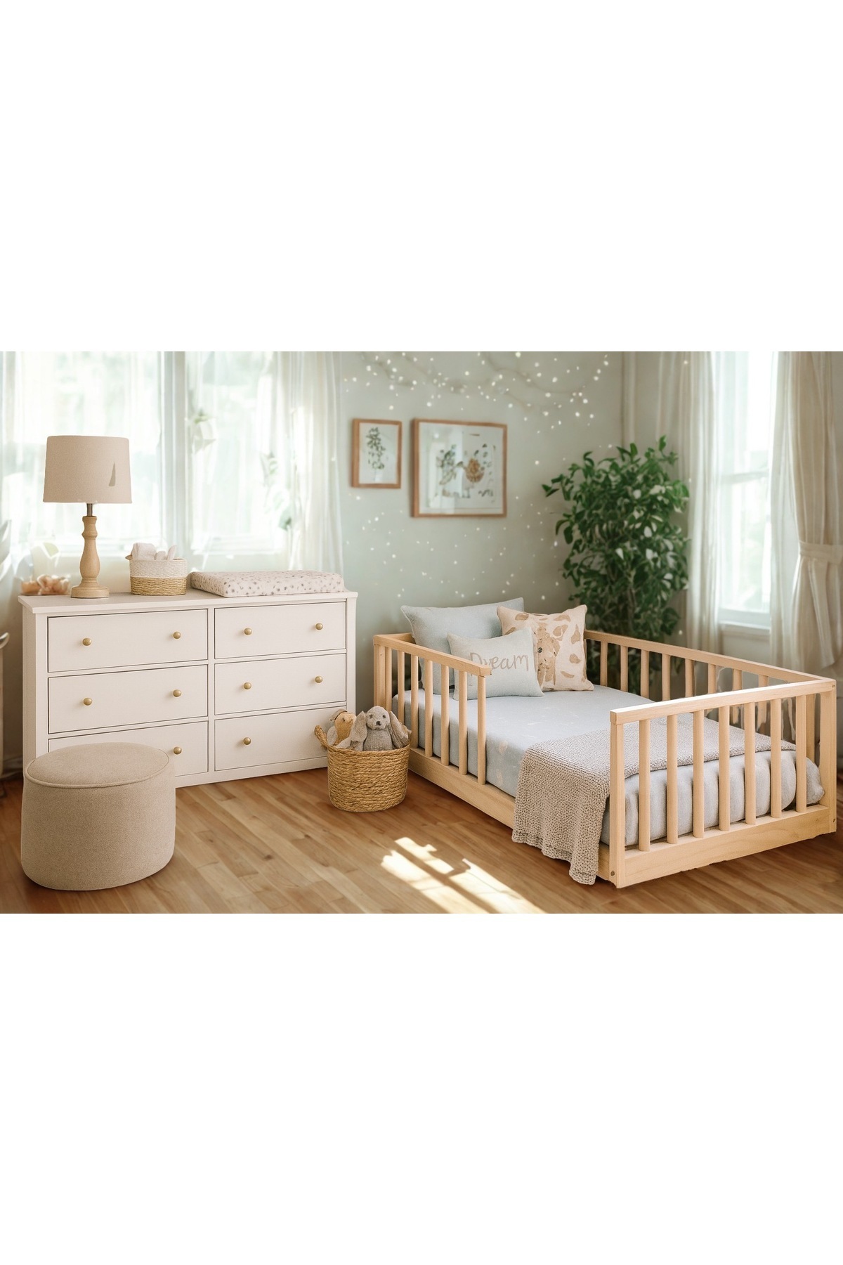 Lit pour enfant en bois massif naturel avec lattes rondes cm X cm Bois naturel