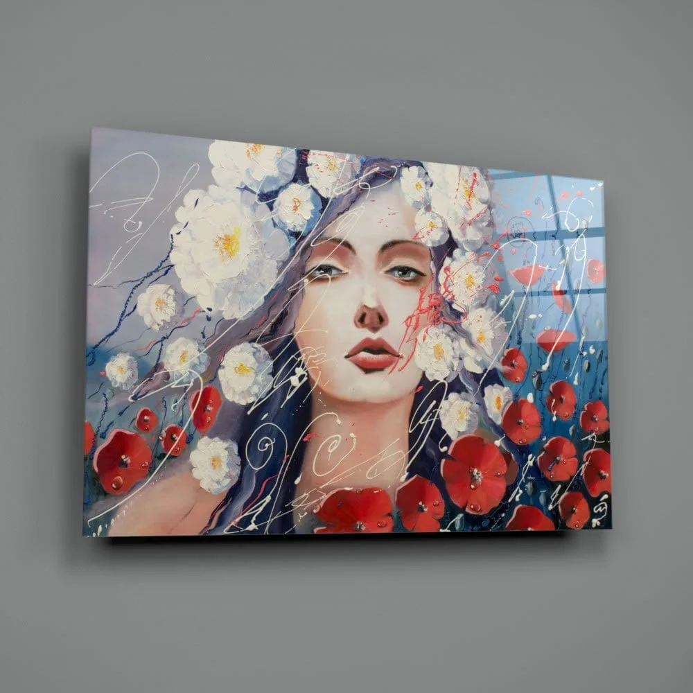 Peinture sur verre de femme et de fleurs