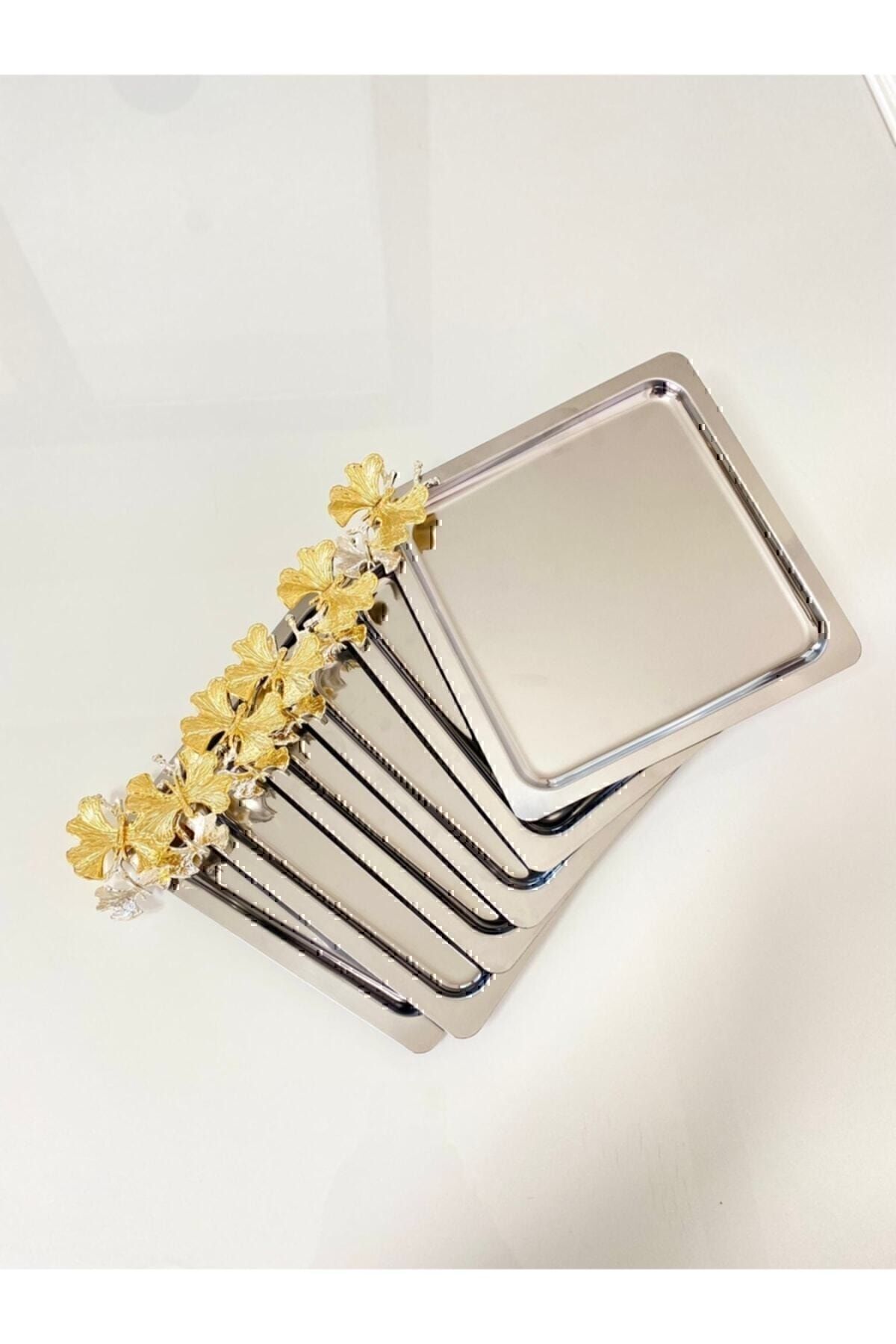 Plateau de service décoratif en acier inoxydable 6 pièces avec accessoires papillon, luxueux jaune, argent pour café et thé