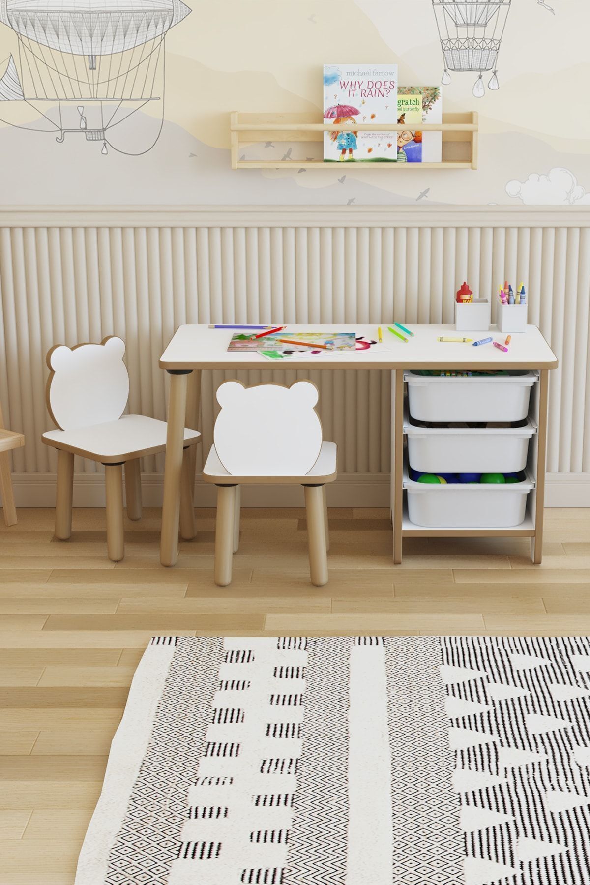 Ensemble table et chaises pour enfants - Table de travail et d'activités avec 3 paniers - Surface effaçable à sec - 2 chaises Panda