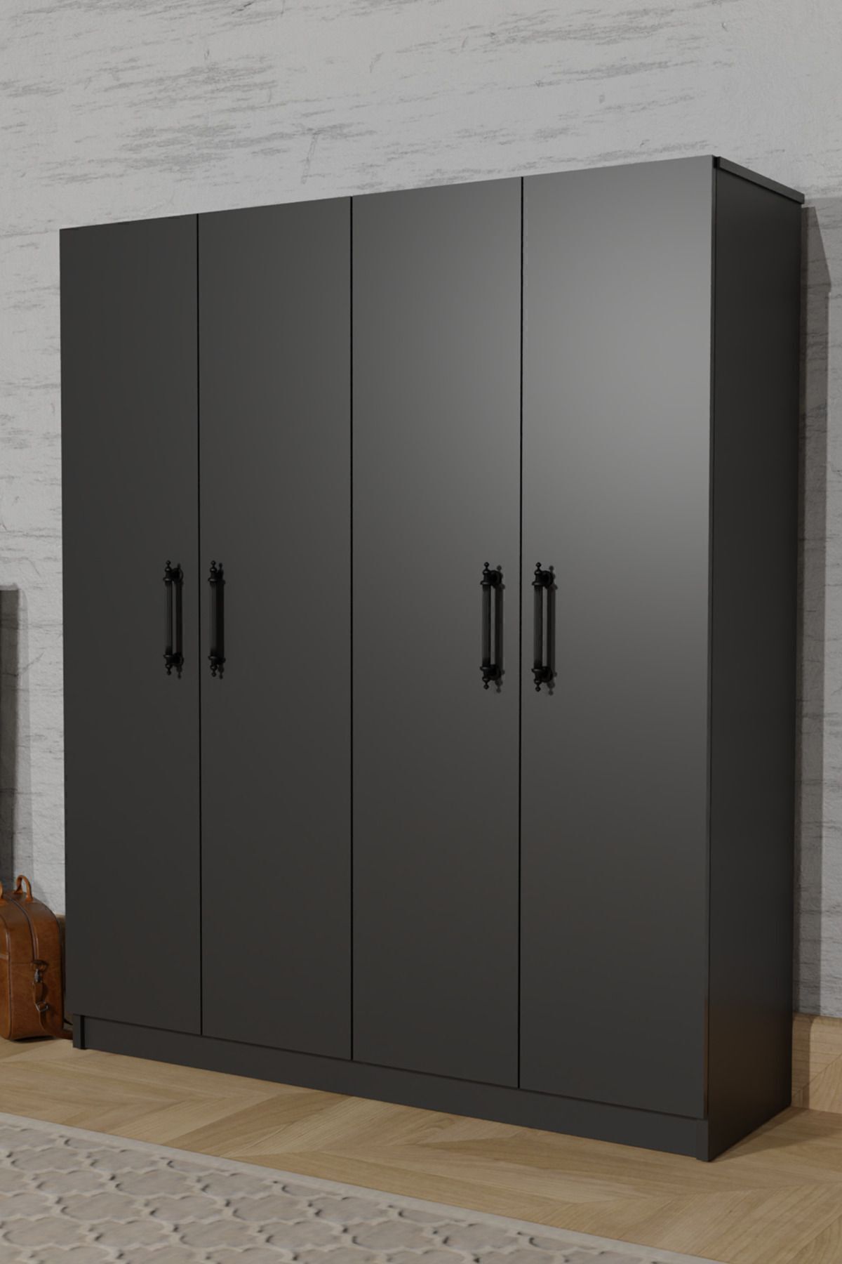  ARENA ARMOIRE GRIS ANTHRACITE 4 PORTES, 2 BARRES POUR PENDERIES, 6 ÉTAGÈRES