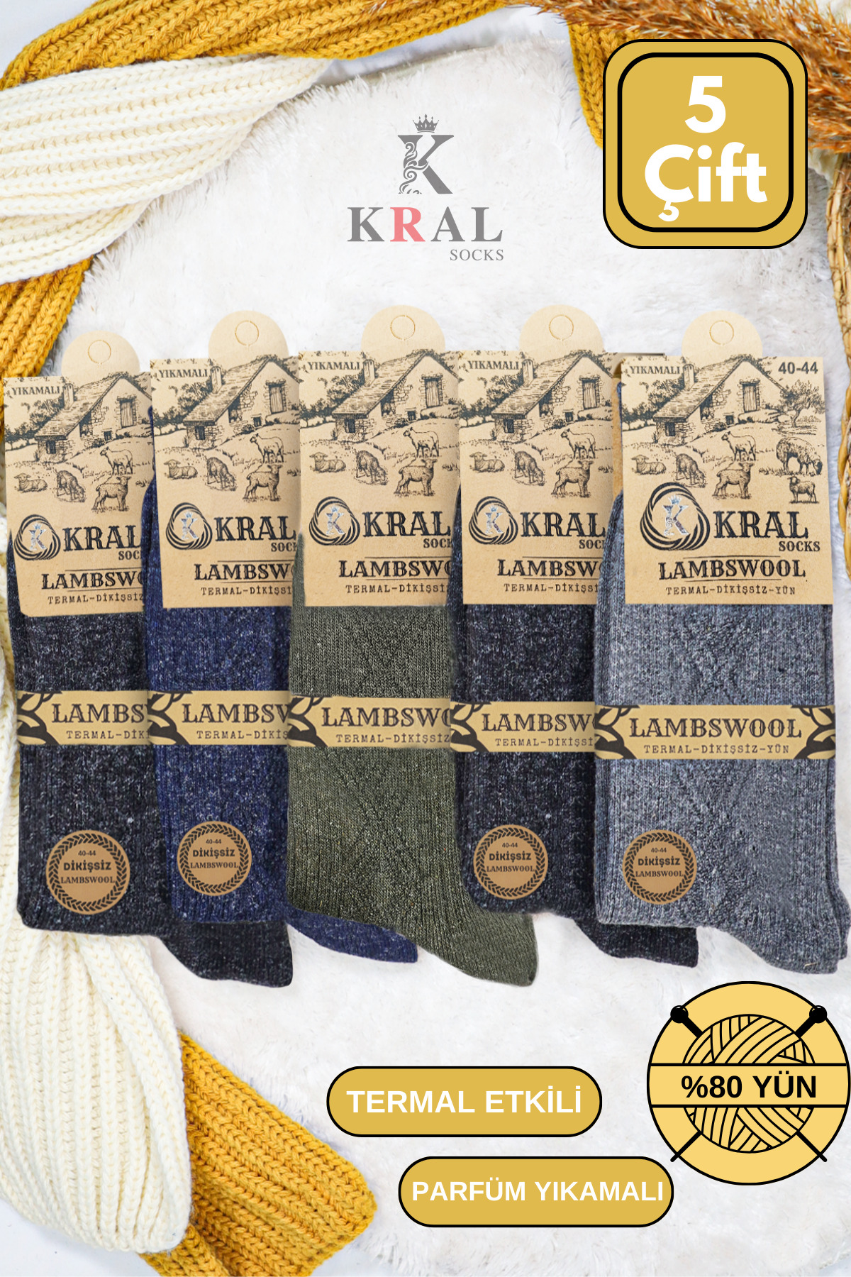 5 Paires de Chaussettes Thermiques Pour Hommes en Laine Lambswool