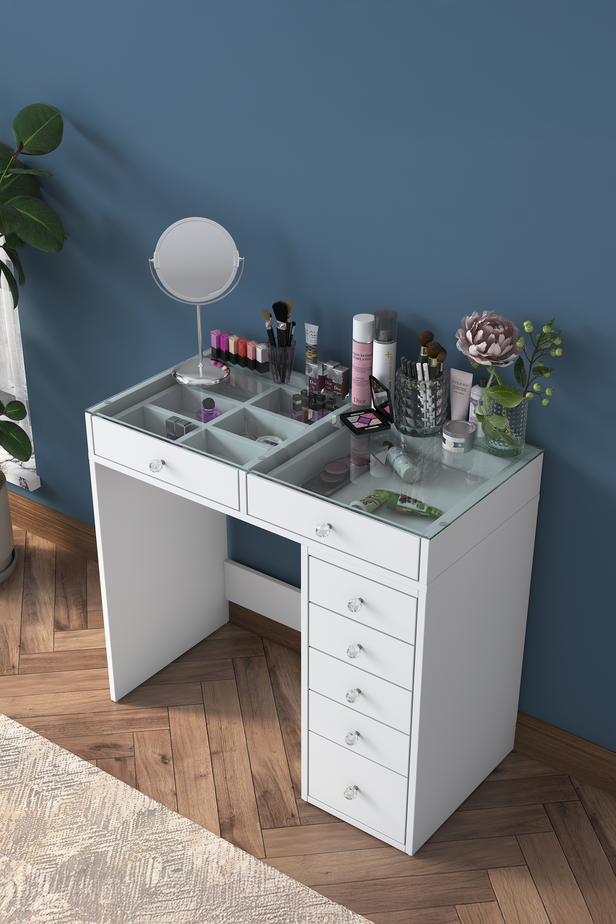 Rani Makeup Table with 7 Drawers and Glass Top Jewelry Organizer White