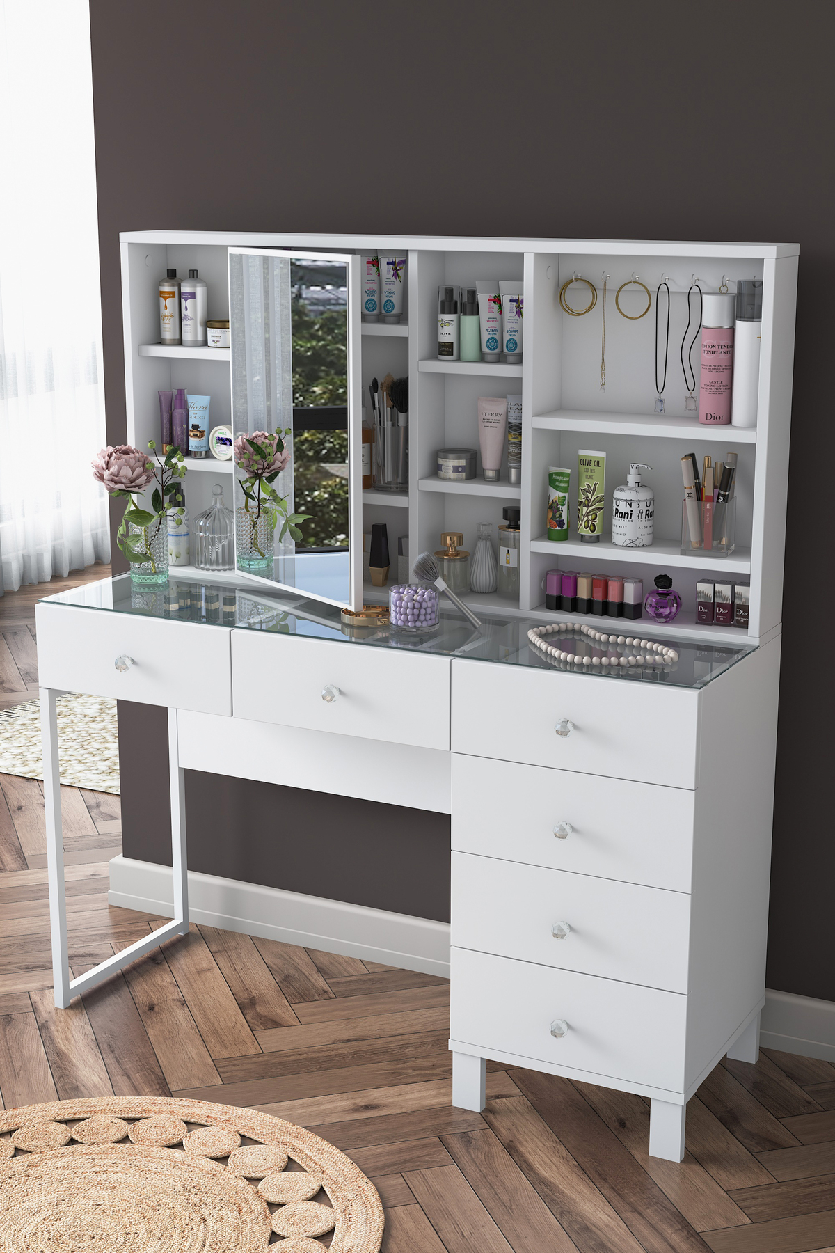 Rani Vanity Table with Mirror, Drawer, Hooked Jewelry Organizer, White