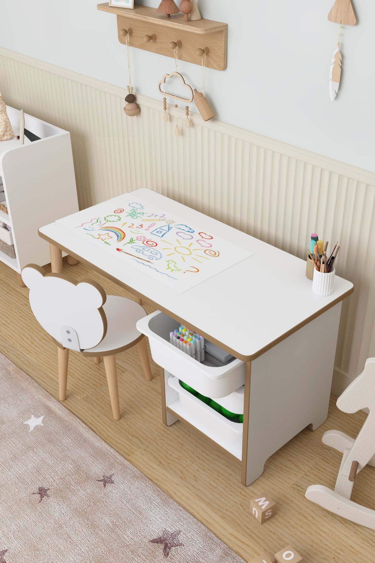 Table d'activité avec rouleau de papier à dessin, bureau pour enfants, armoire à jouets