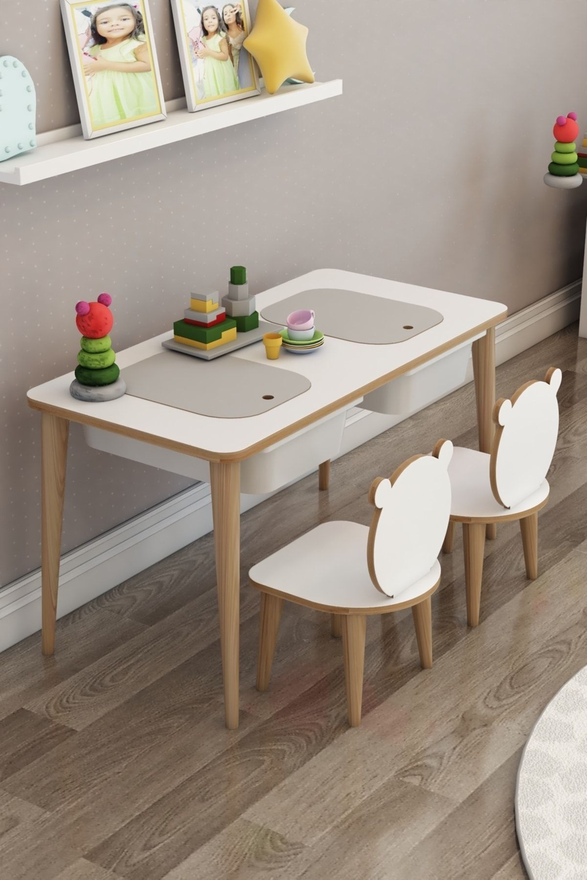 Bureau pour enfant, table de jeu et d'activités, table double avec chaises, usage été et hiver