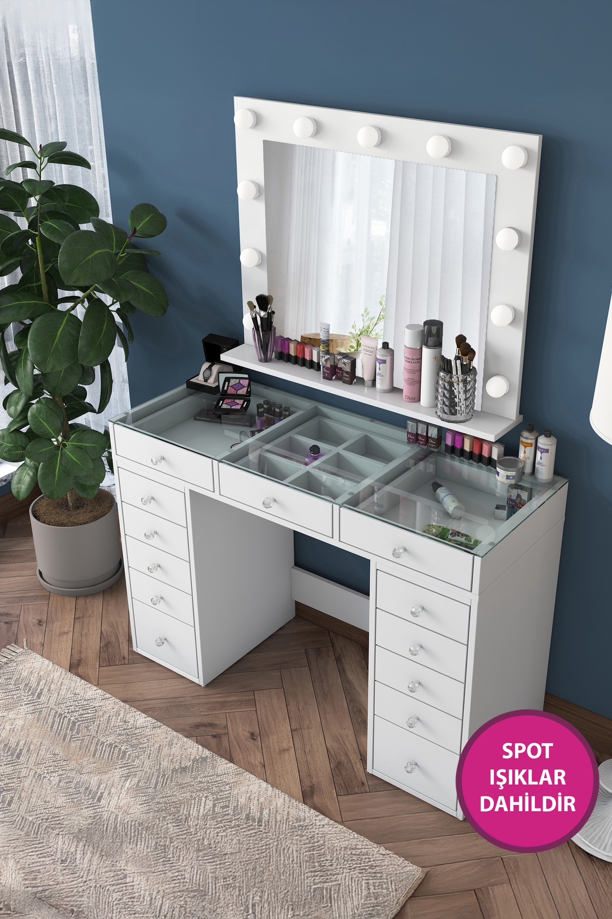 Rani Coiffeuse de Coulisse avec Miroir et Lumières Hollywood, Table en Verre, Organisateur de Bijoux, Blanc
