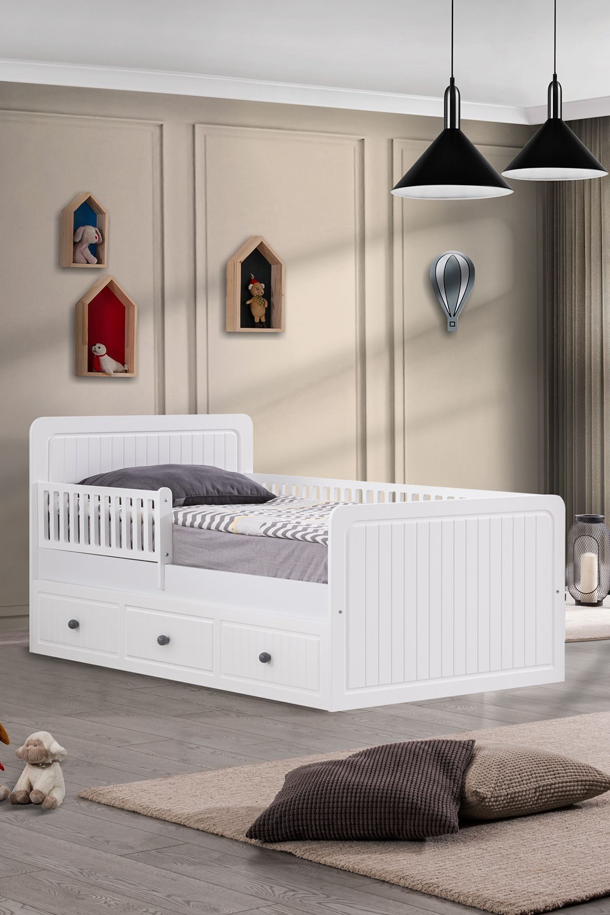 Lit Montessori avec tiroir pour bébé, Lit Montessori Lena avec tiroir - Blanc