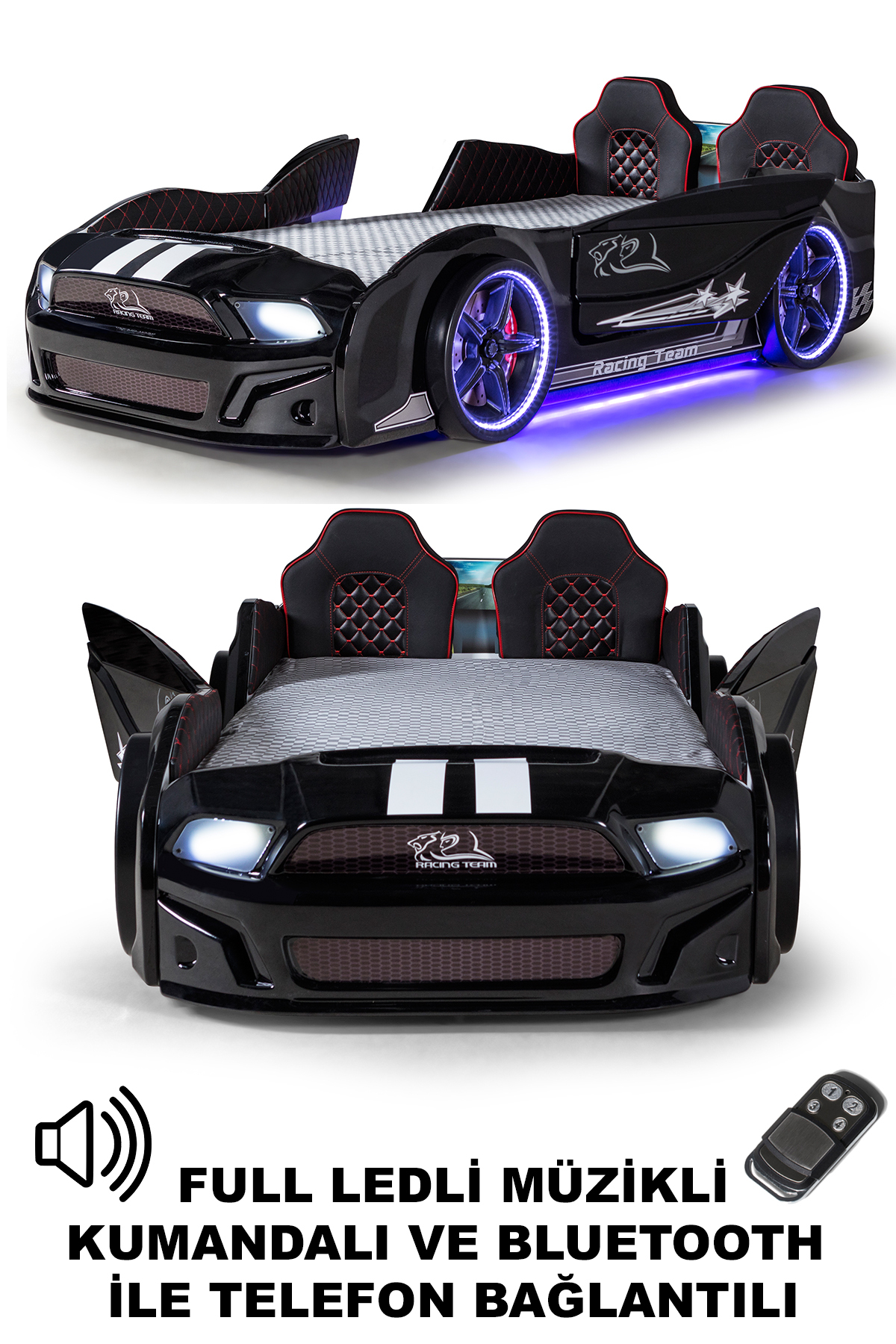 Letto con carrello nero, porte apribili, Mustang completo di luci LED, telecomando e musica