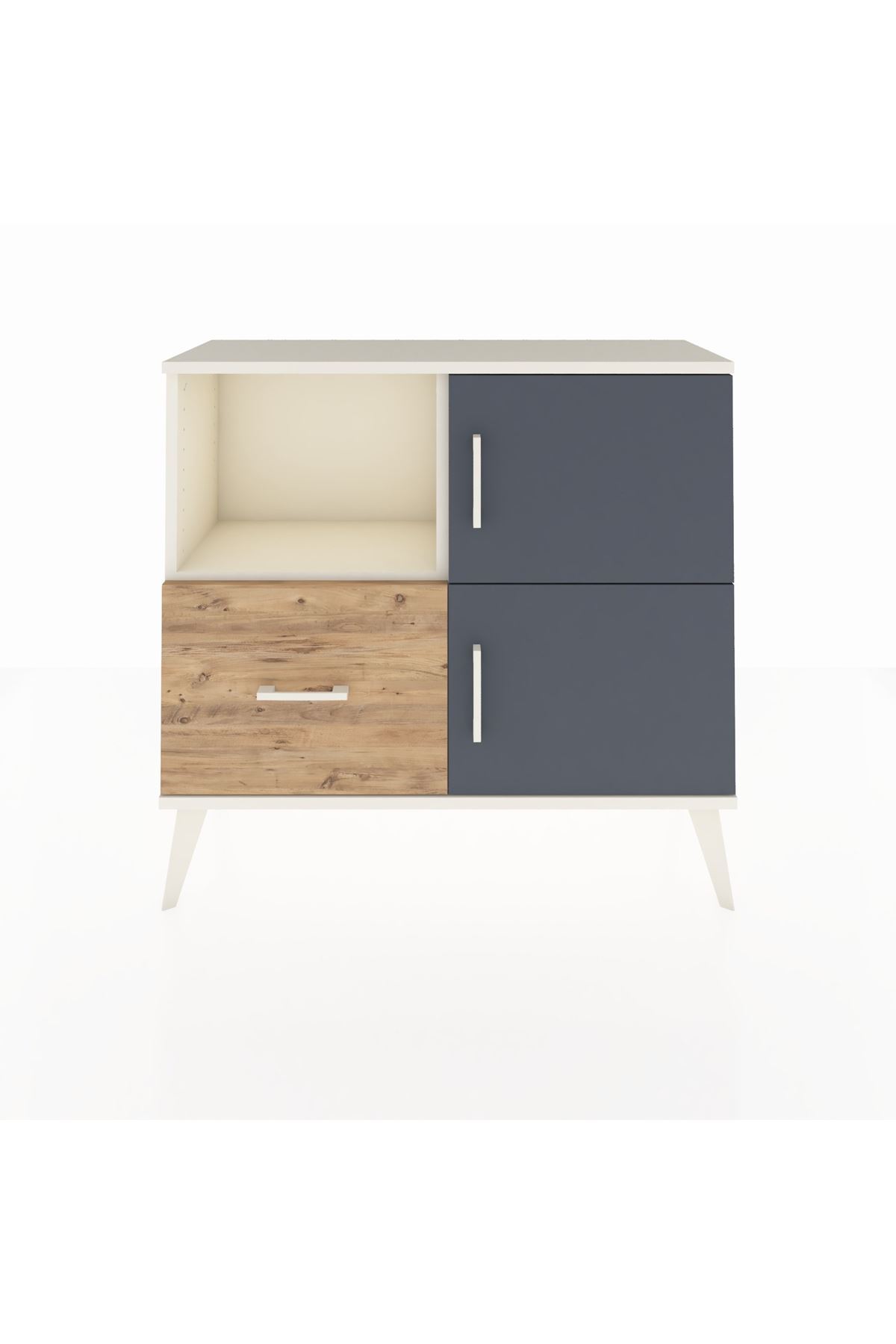 Commode Arges avec 2 étagères, 1 tiroir, 2 portes, couleur Pierre de lune-Anthracite/Pin