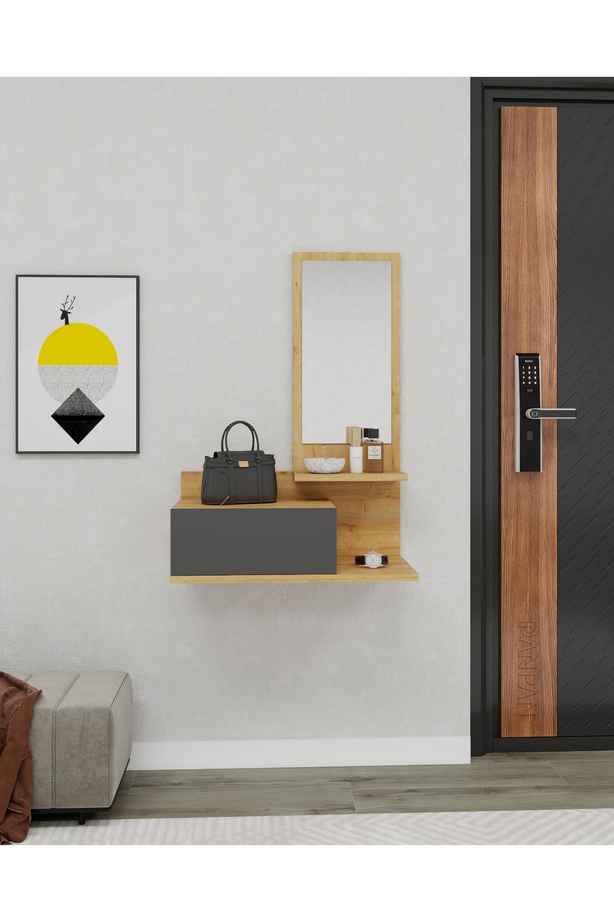 Rozella Wandgemonteerde Dressoir met Lade en Spiegel, Natuurlijk Eiken & Antraciet - Rozella