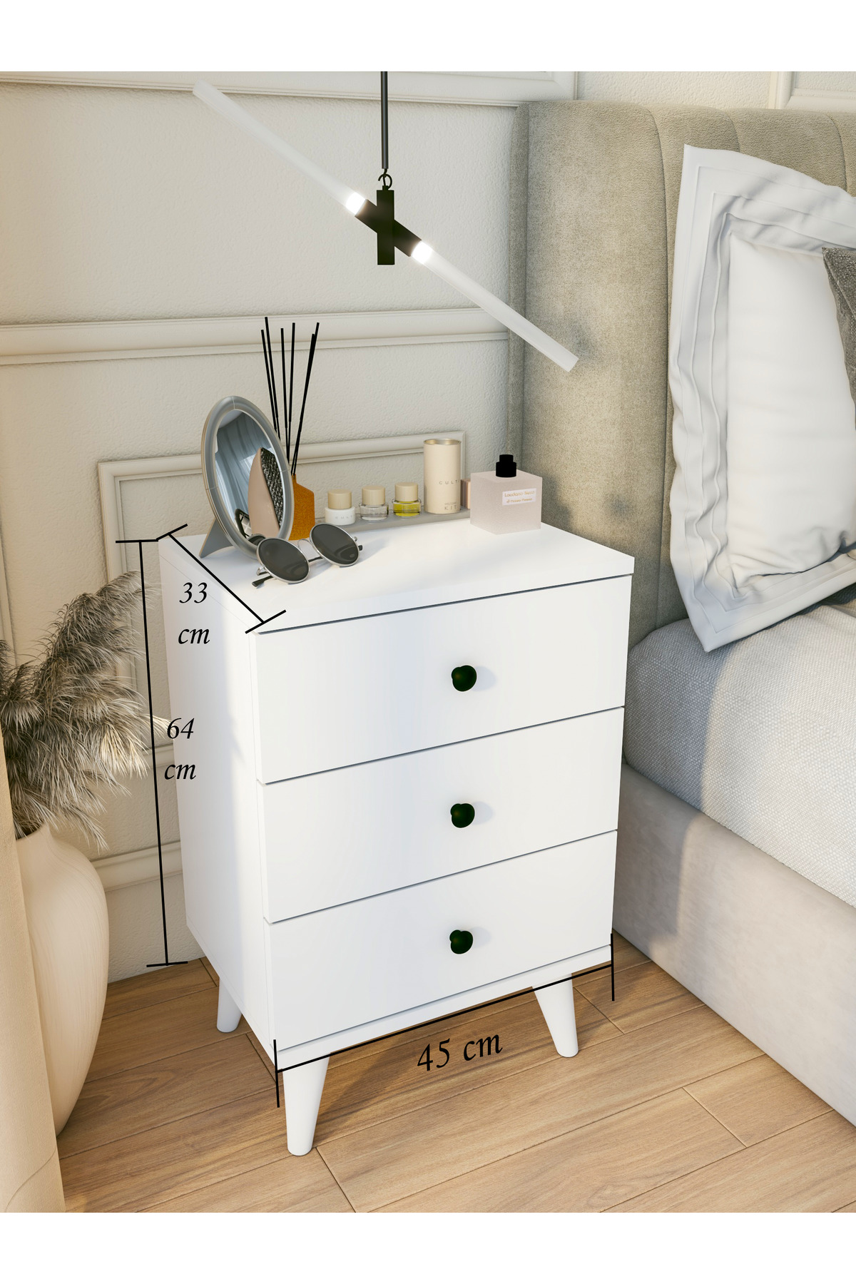 Table de chevet blanche brillante moderne à 3 tiroirs pour chambre à coucher