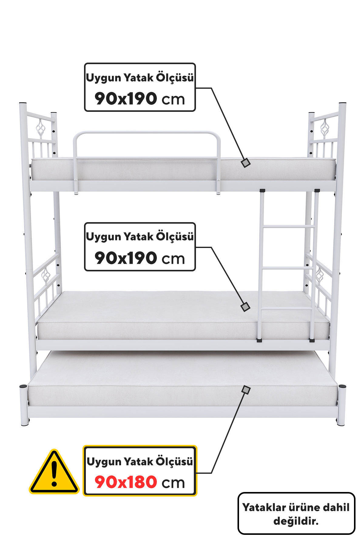 Koza stapelbed met bedlade, geschikt voor 3 personen, wit metalen frame