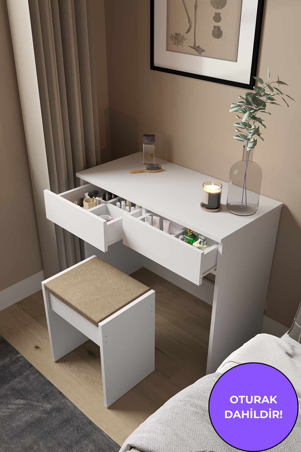 B Two-Drawer Spacious Bedroom Seat Modern Vanity Table with Pouf Organizer