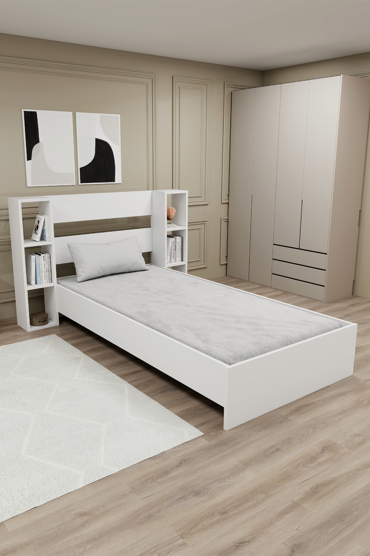 Lit simple avec étagère compatible avec matelas Smart, blanc - Smart