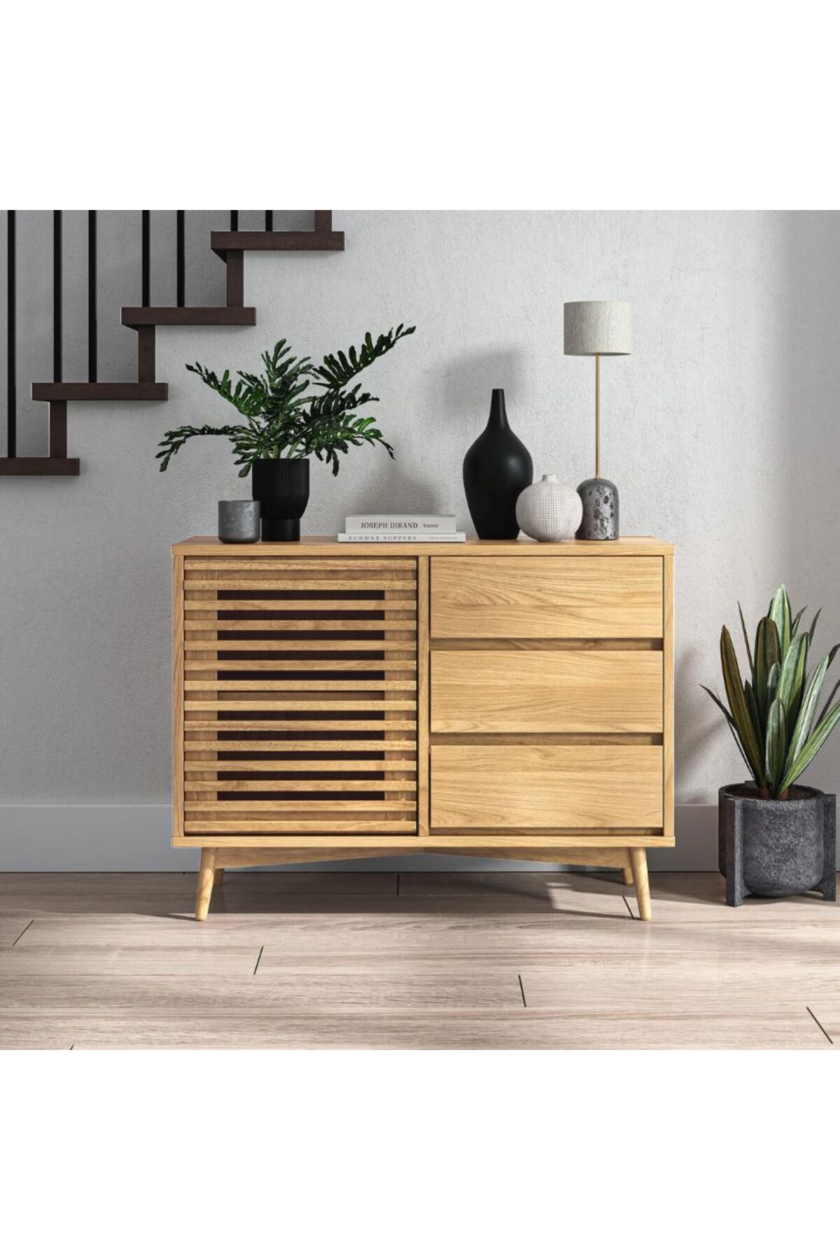 Console en bois naturel Ligna - Avec porte et 3 tiroirs