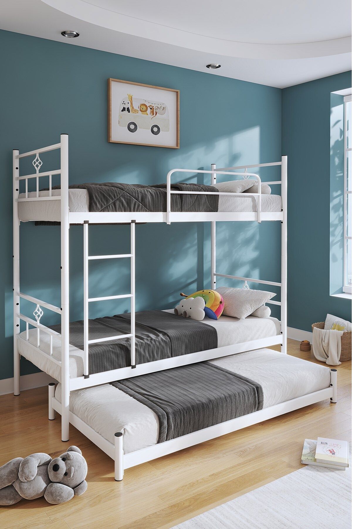 Koza stapelbed met bedlade, geschikt voor 3 personen, wit metalen frame