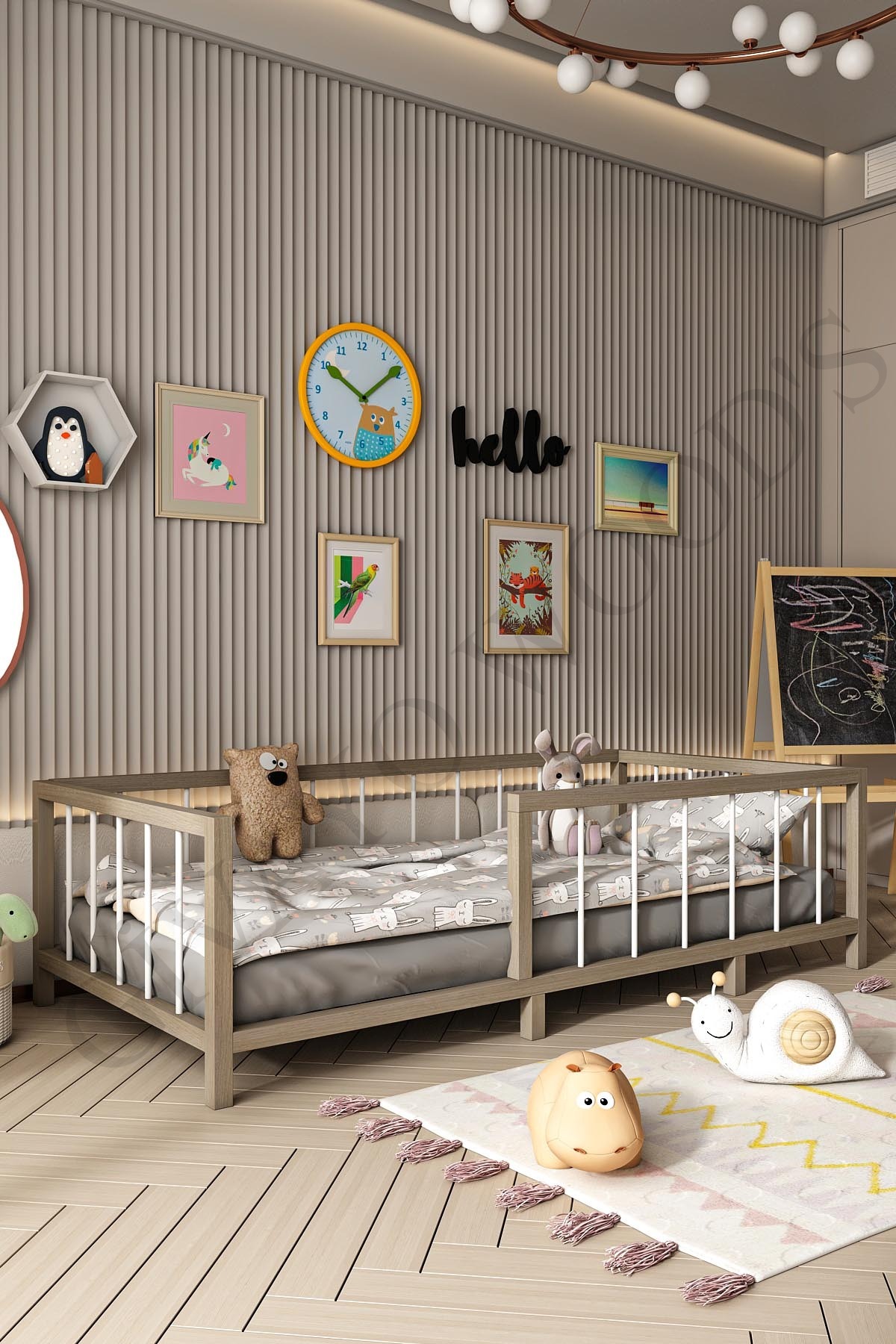 Thorin Bebek Çocuk Montessori Ahşap Görünümlü MDF Yatak