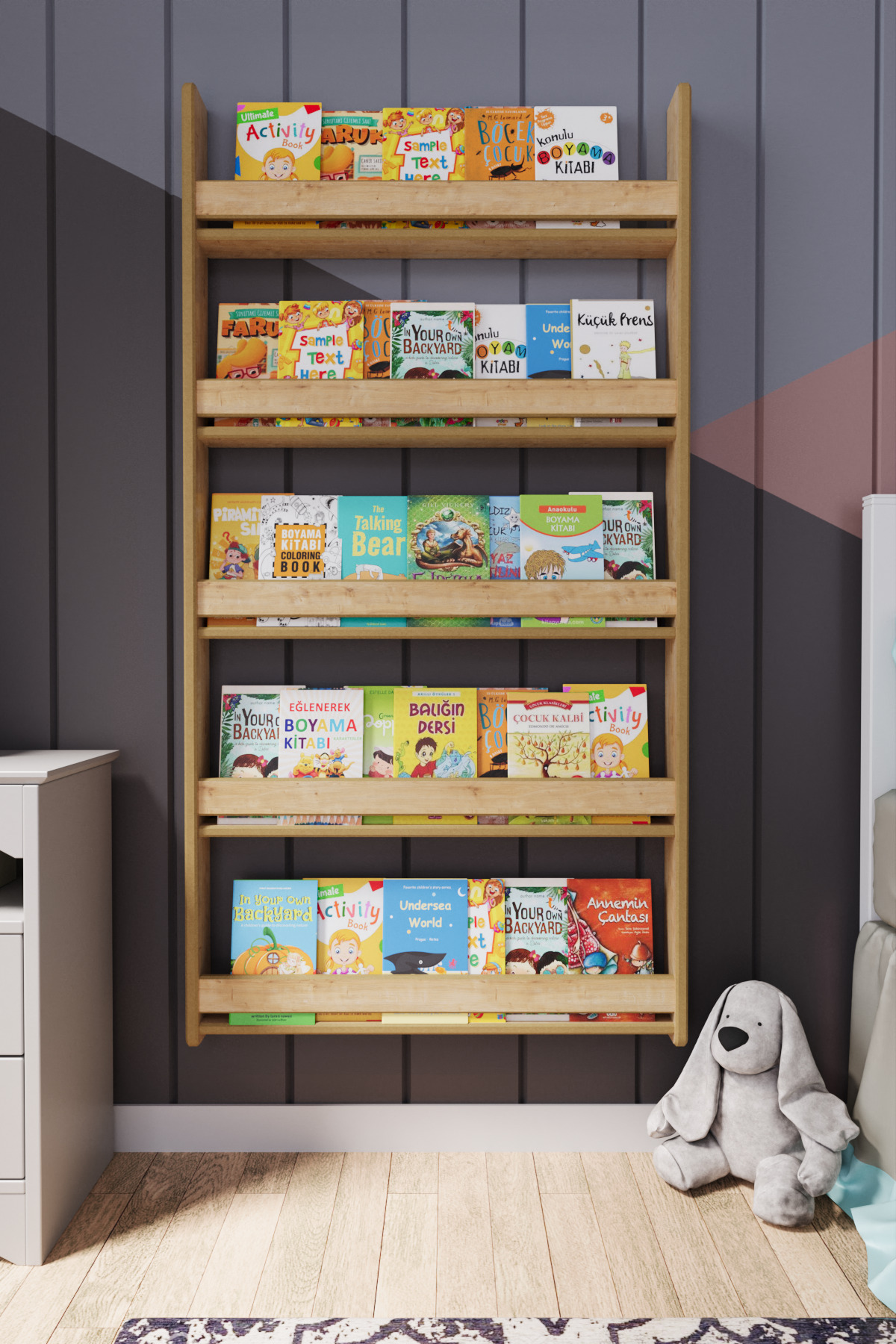 Montessori 5 Raflı Mdf Çocuk Kitaplığı * cm Safir Meşe