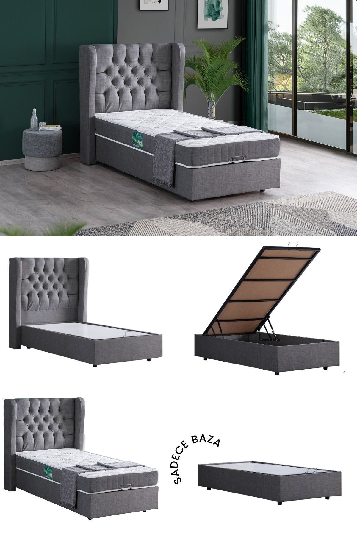 Riga Lit Simple MDF, Gris (Hors Tête de Lit et Matelas)