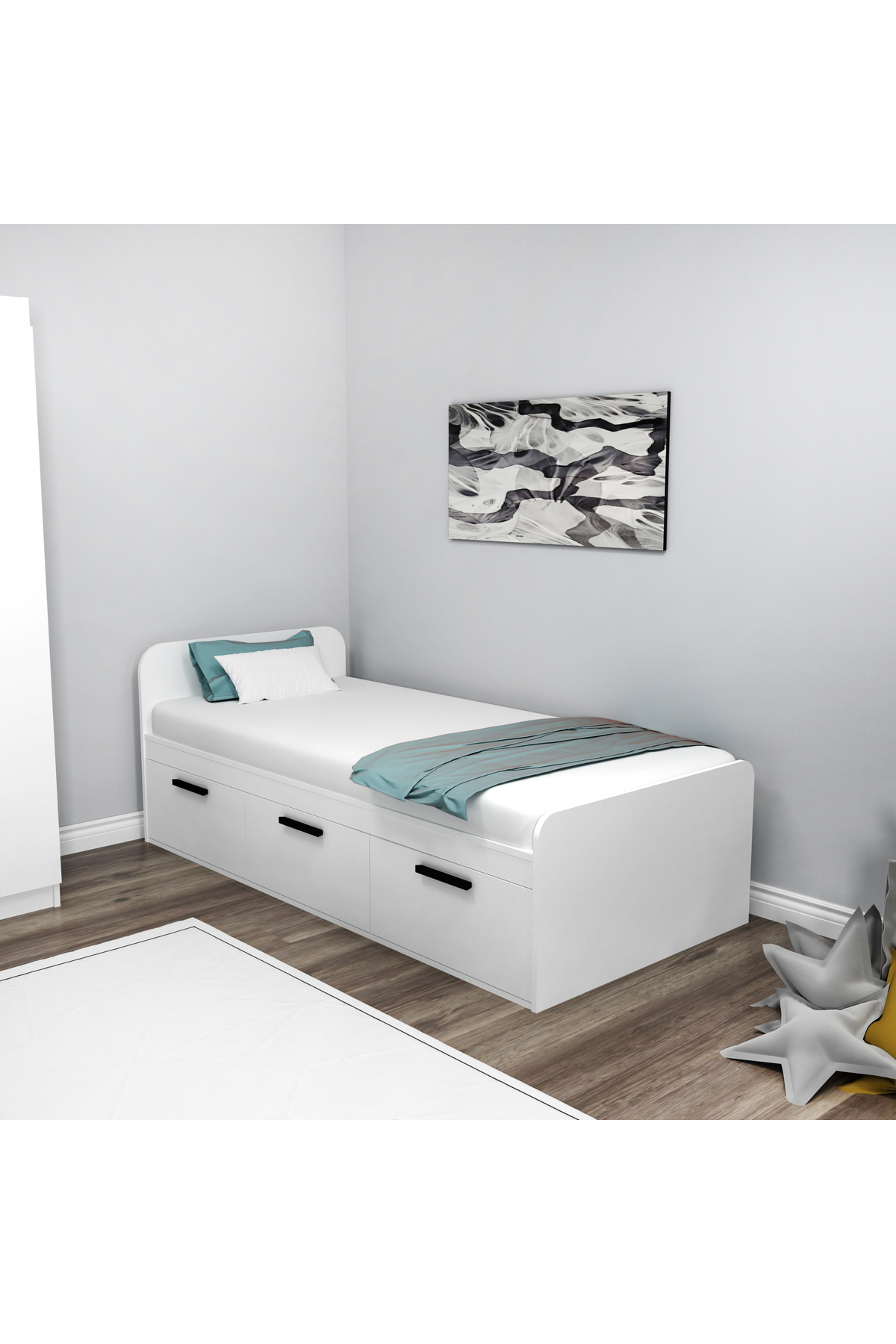 Lit Cadre Akser Blanc – Compatible avec Lit Simple, Lit Pour Jeune Avec Armoire
