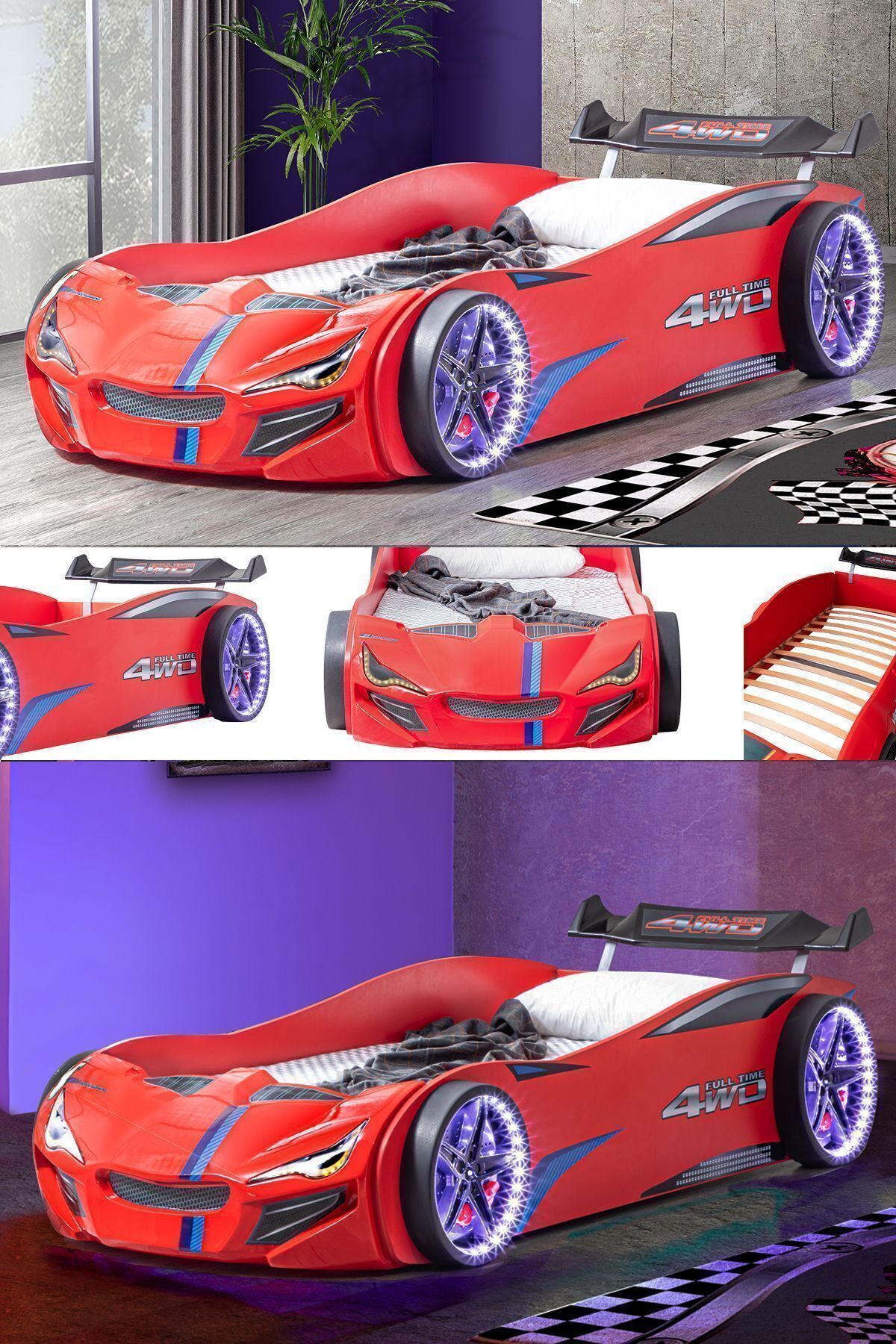 Letto a forma di auto, letto a forma di auto Merso con parasole e LED completo - Rosso