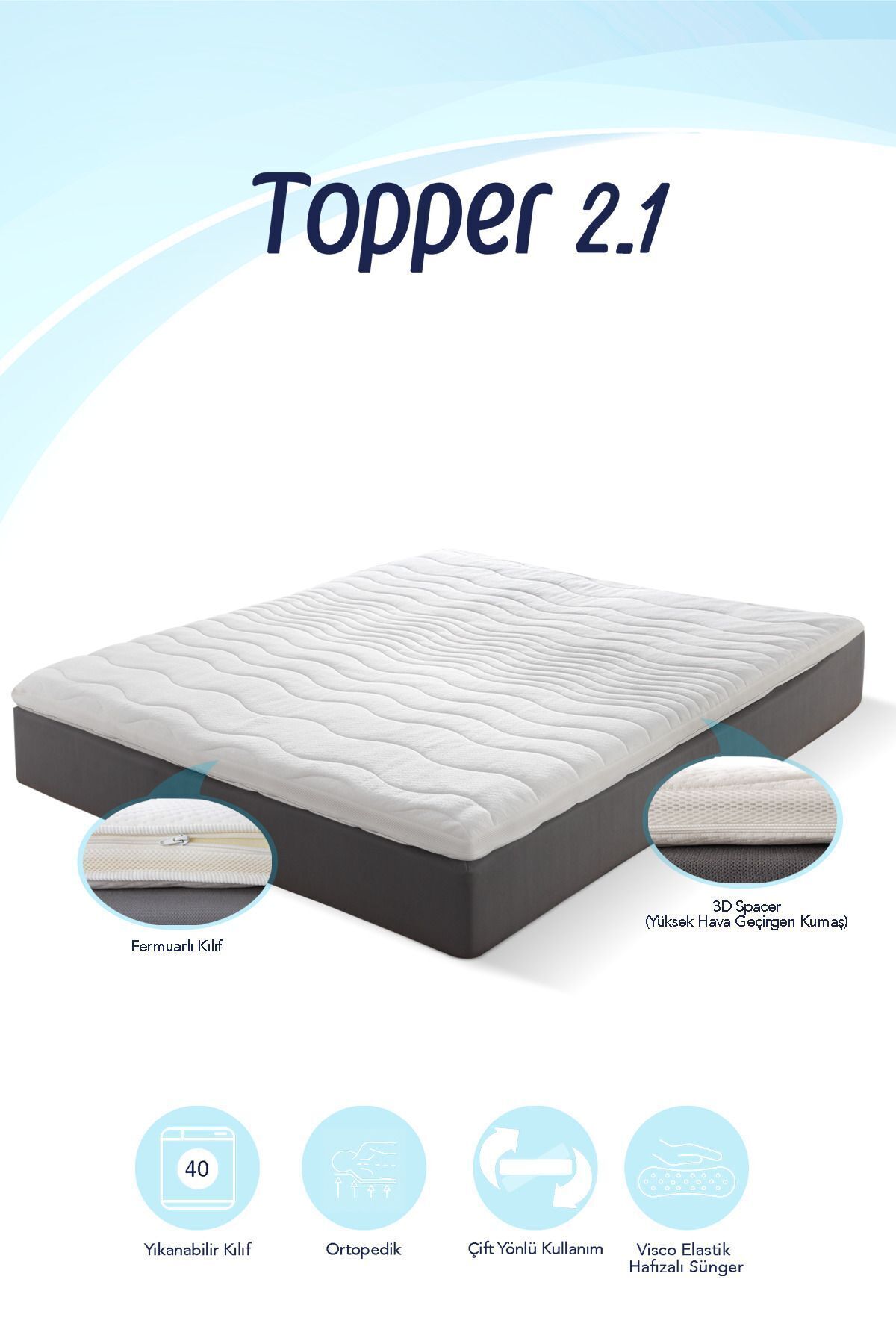 Topper 2.1 - Visco Yatak Pedi - Soft Hafızalı % Visco Sünger - Yıkanabilir Fermuarlı Kılıflı