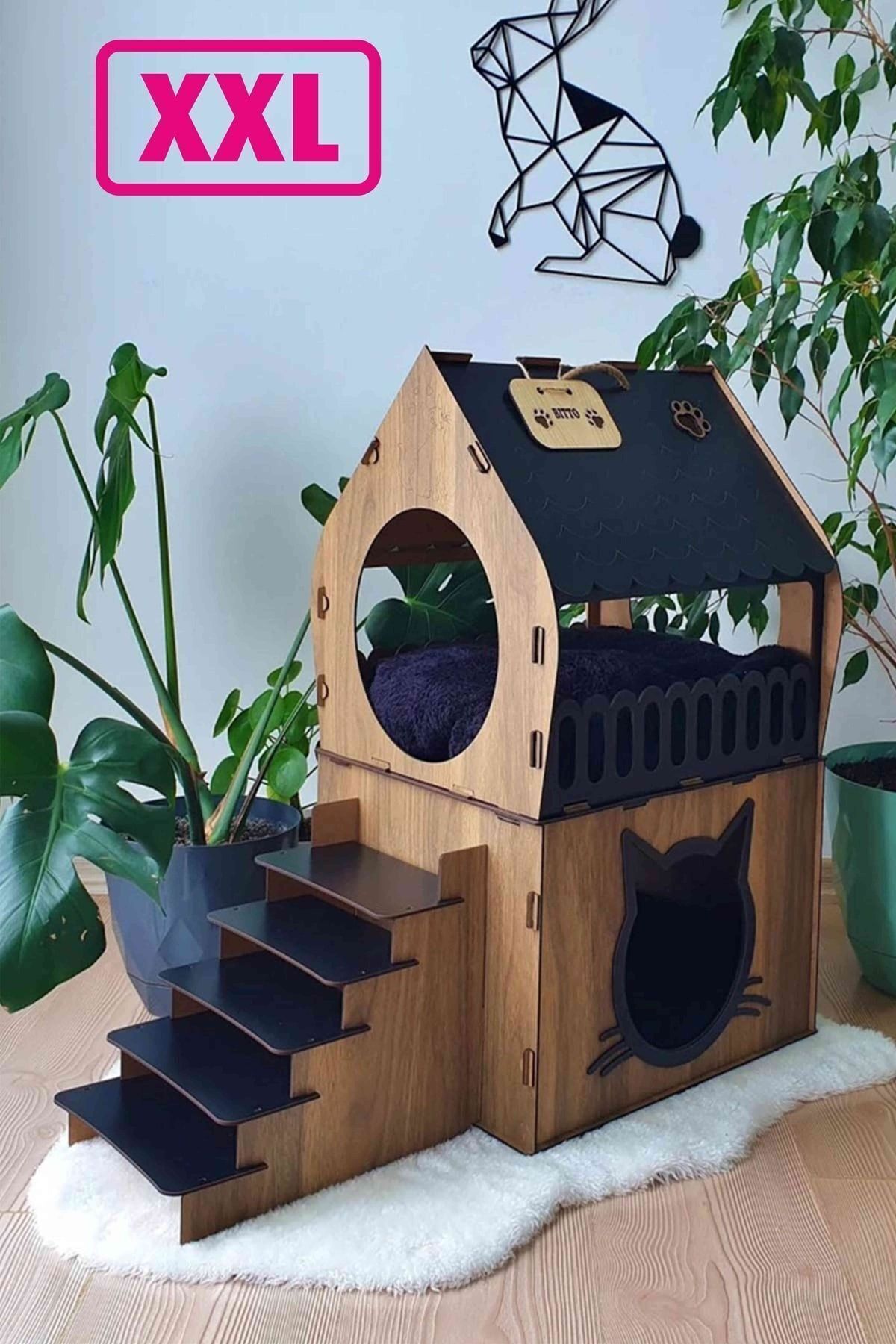 Maison pour chat en bois duplex avec terrasse XXL | Grande maison pour chat en MDF démontable |  cm | Kemençe - Noir