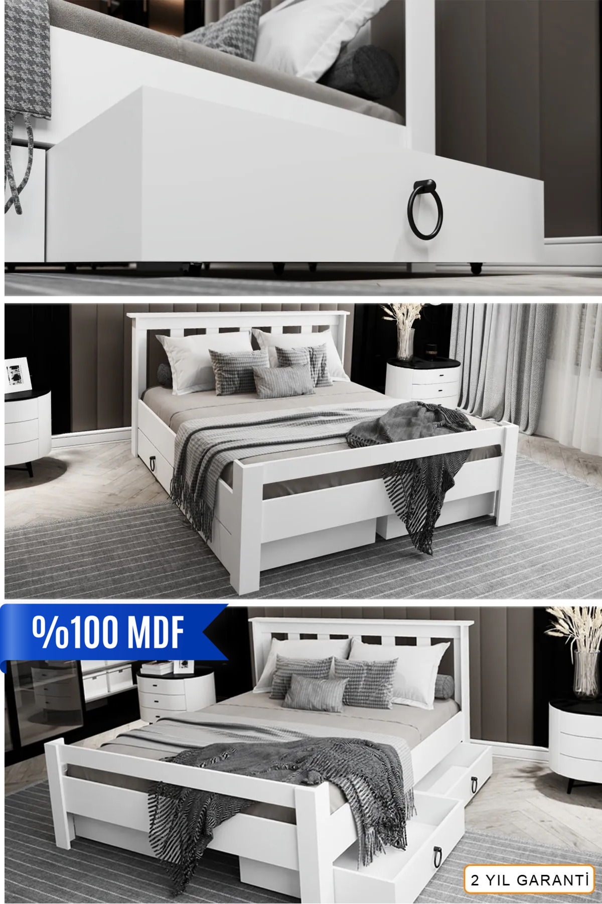 Lit double Arya compatible avec matelas, en MDF blanc avec tiroirs Maçy-1