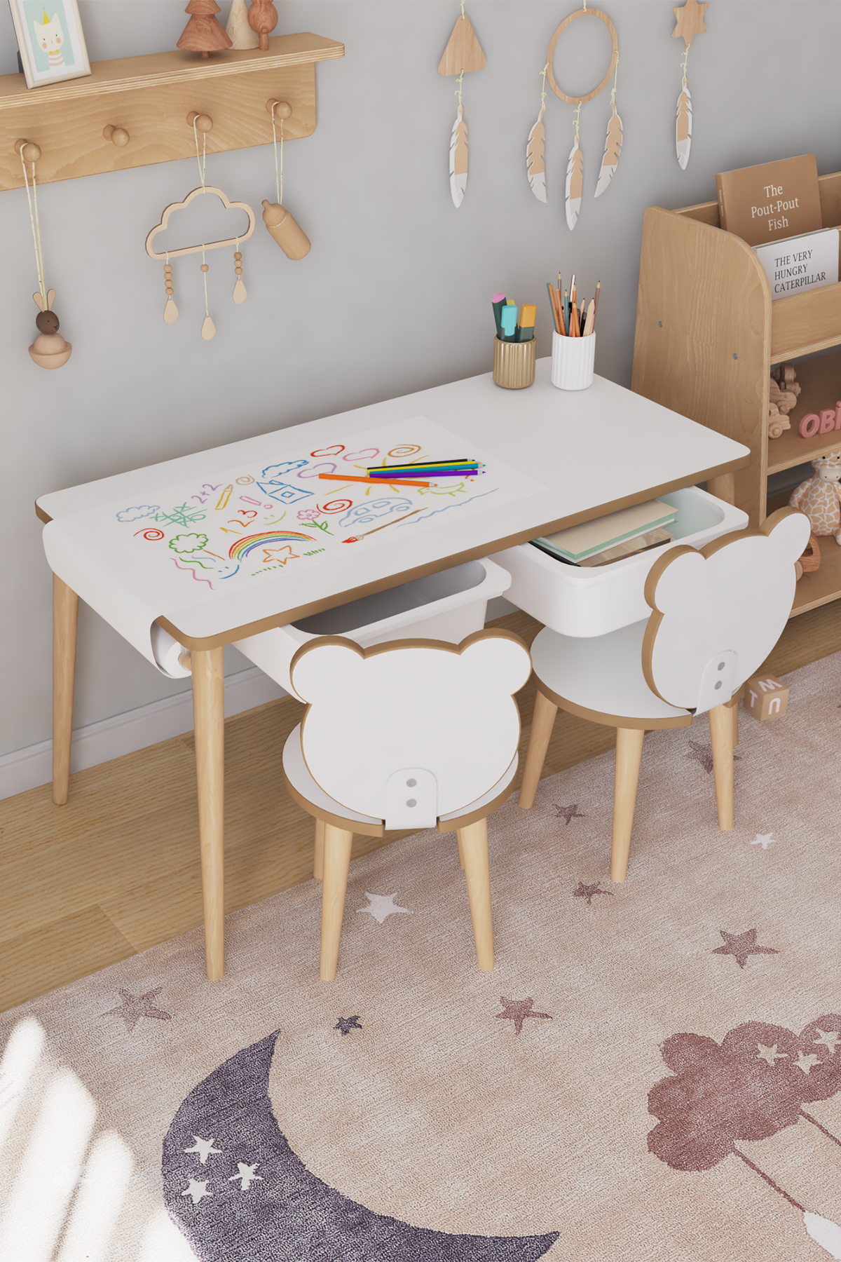 Table d'activité pour enfants avec papier à dessin en rouleau, 2 chaises et tiroir - Panda