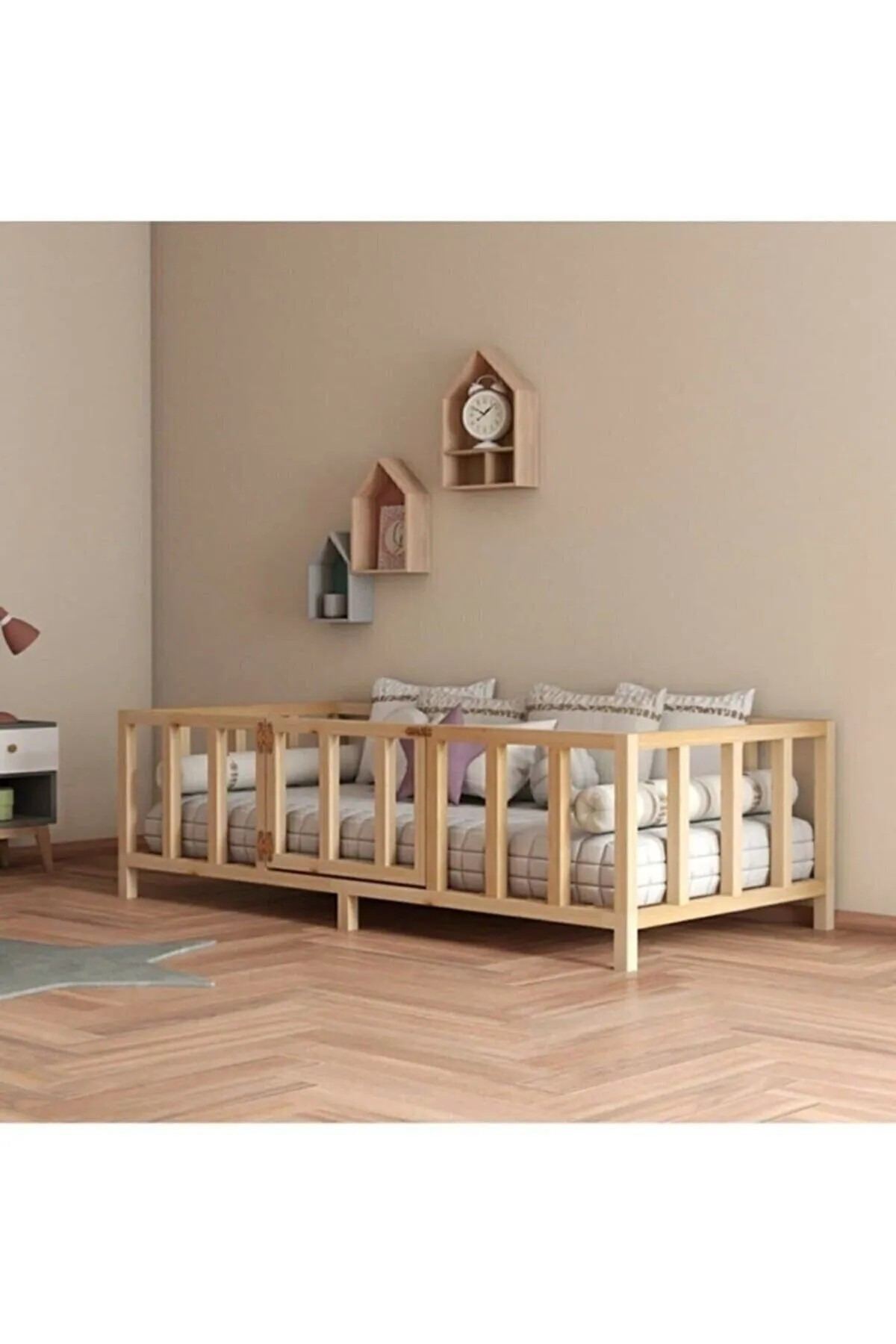 Lit Montessori Unisexe pour Bébé et Enfant avec Portes en Bois Naturel