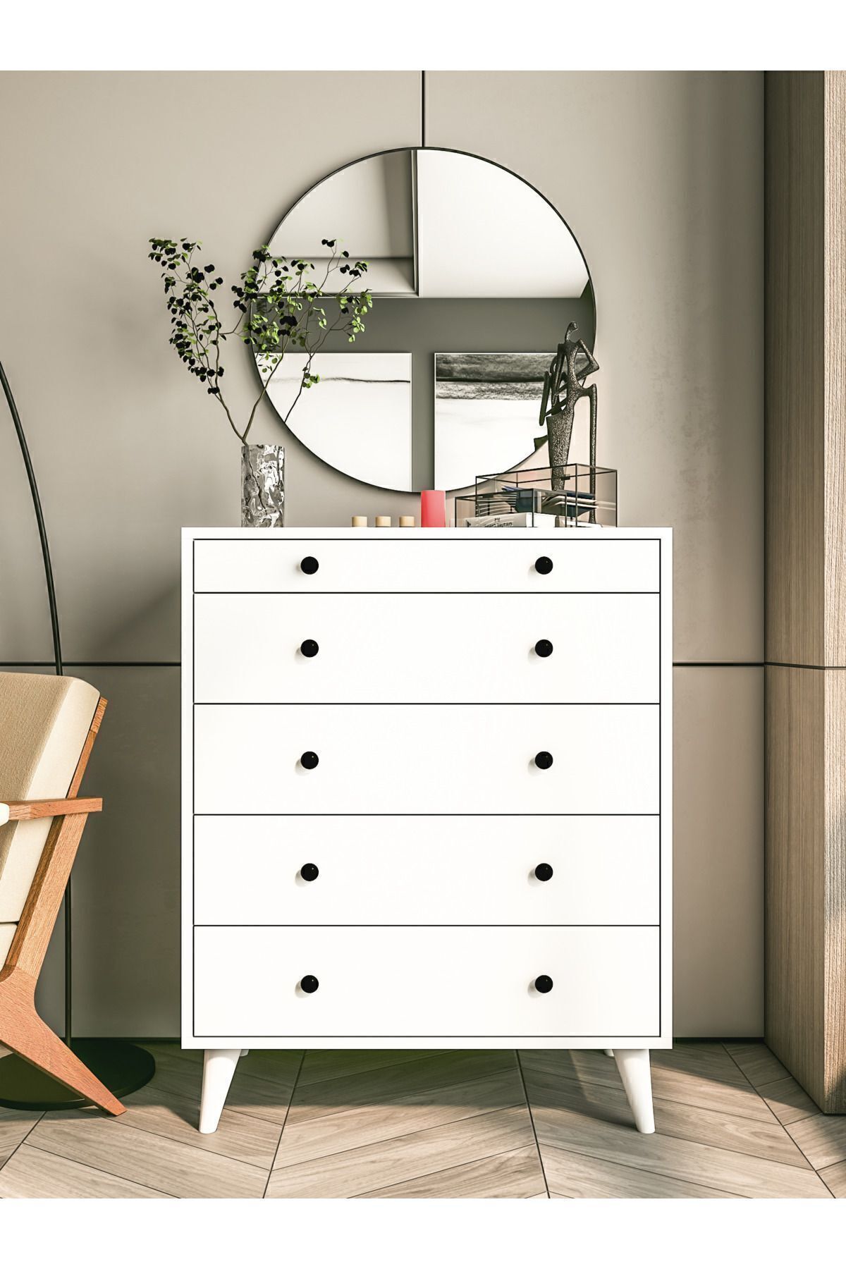 Commode Blanche Brillante 5 Tiroirs Country Commode Chevet en Bois