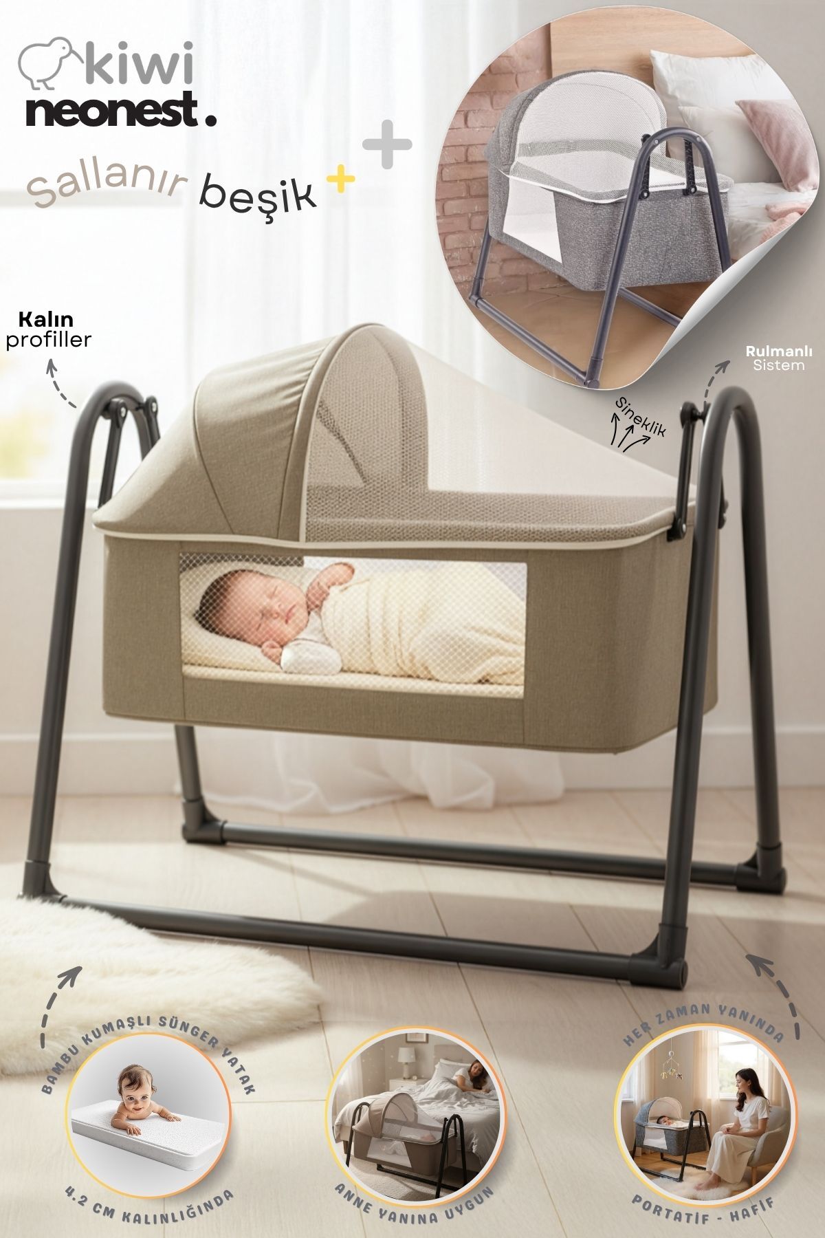 Neonati Letto con Cestino, Zanzariera e Tenda, Dondolante. Culla Portatile Nuova Latte