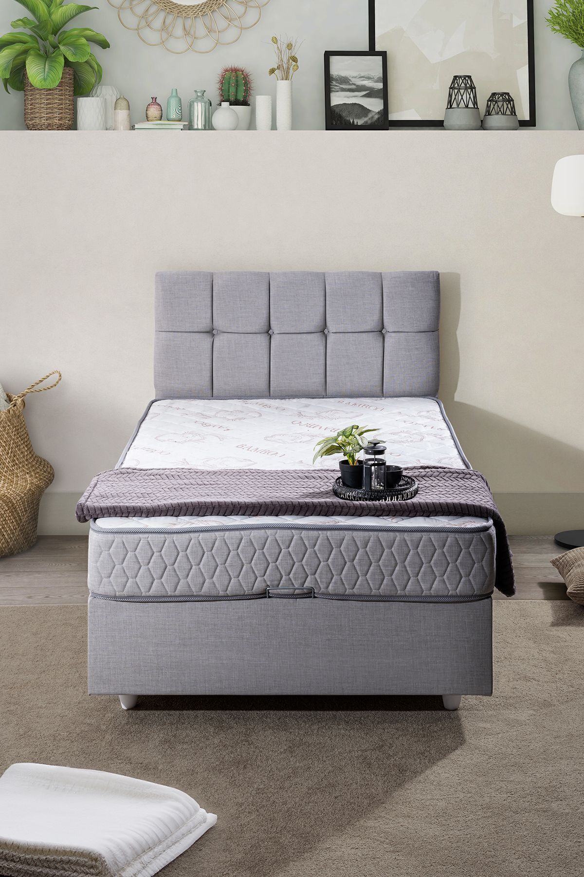 Ensemble de lit Berlin avec sommier simple et tête de lit Comfort, gris clair