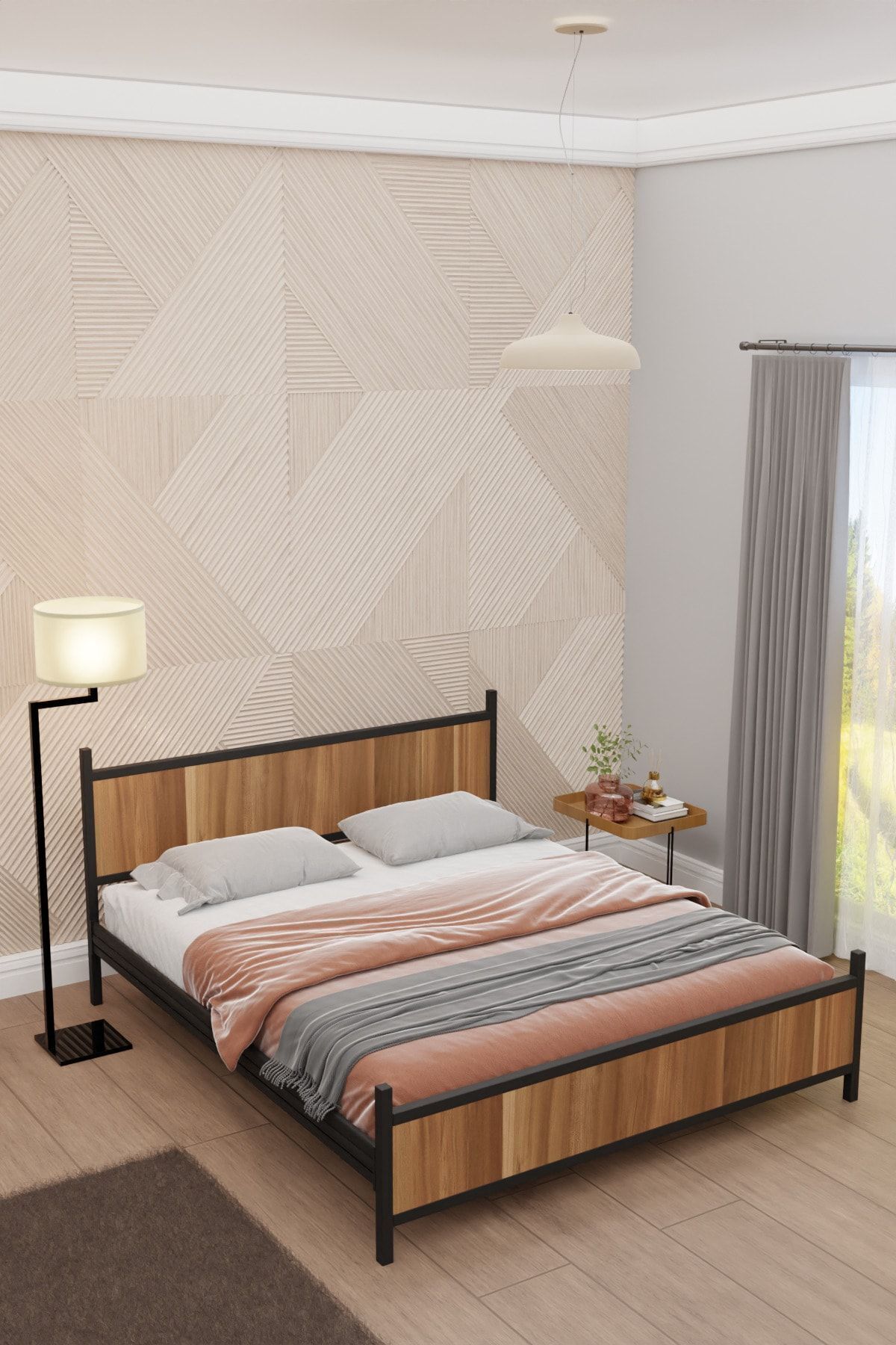 Gm Lit Double Moderne Bois et Métal Noir Noyer