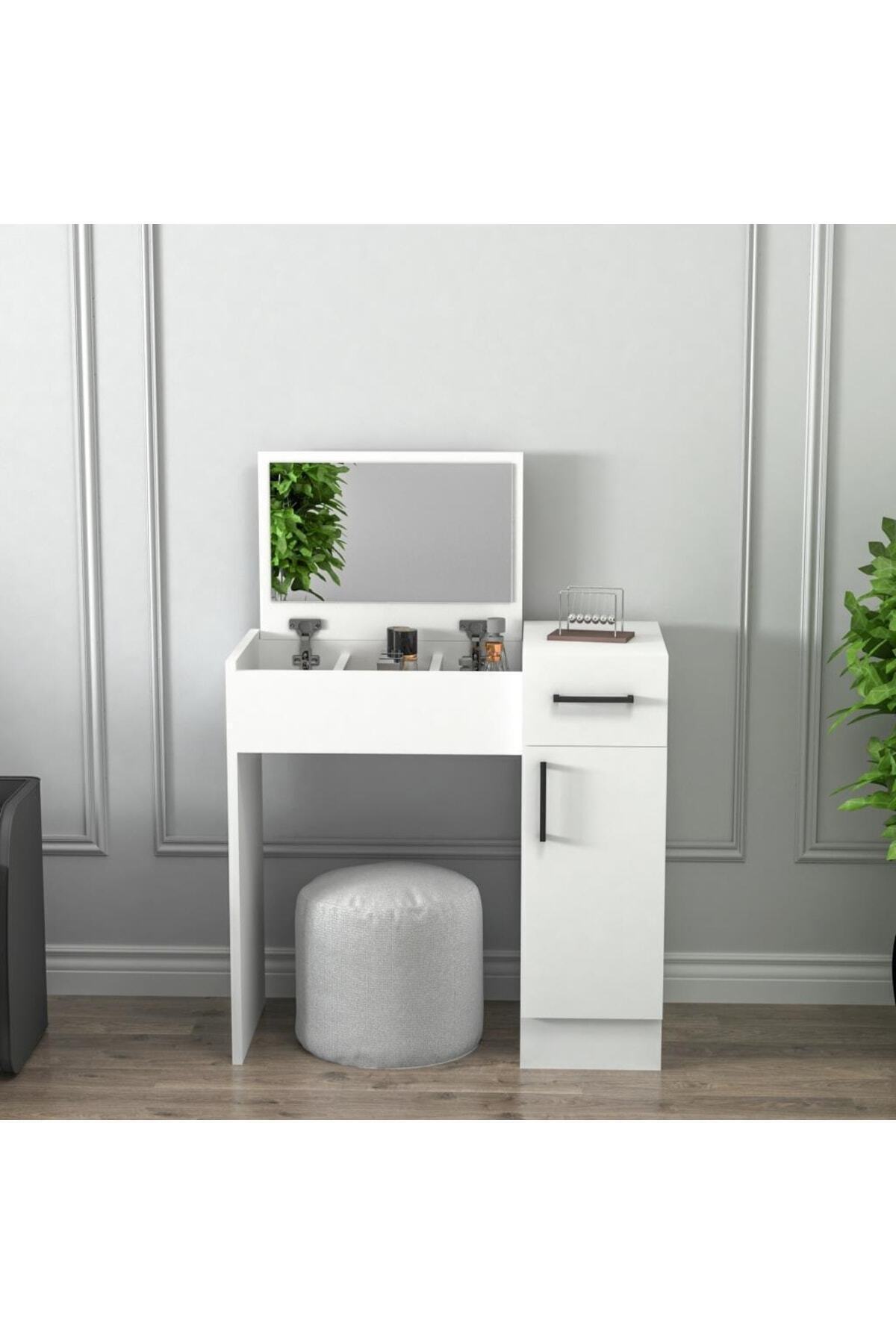 Coiffeuse à miroir blanc perle – Avec tiroirs, armoires et design élégant